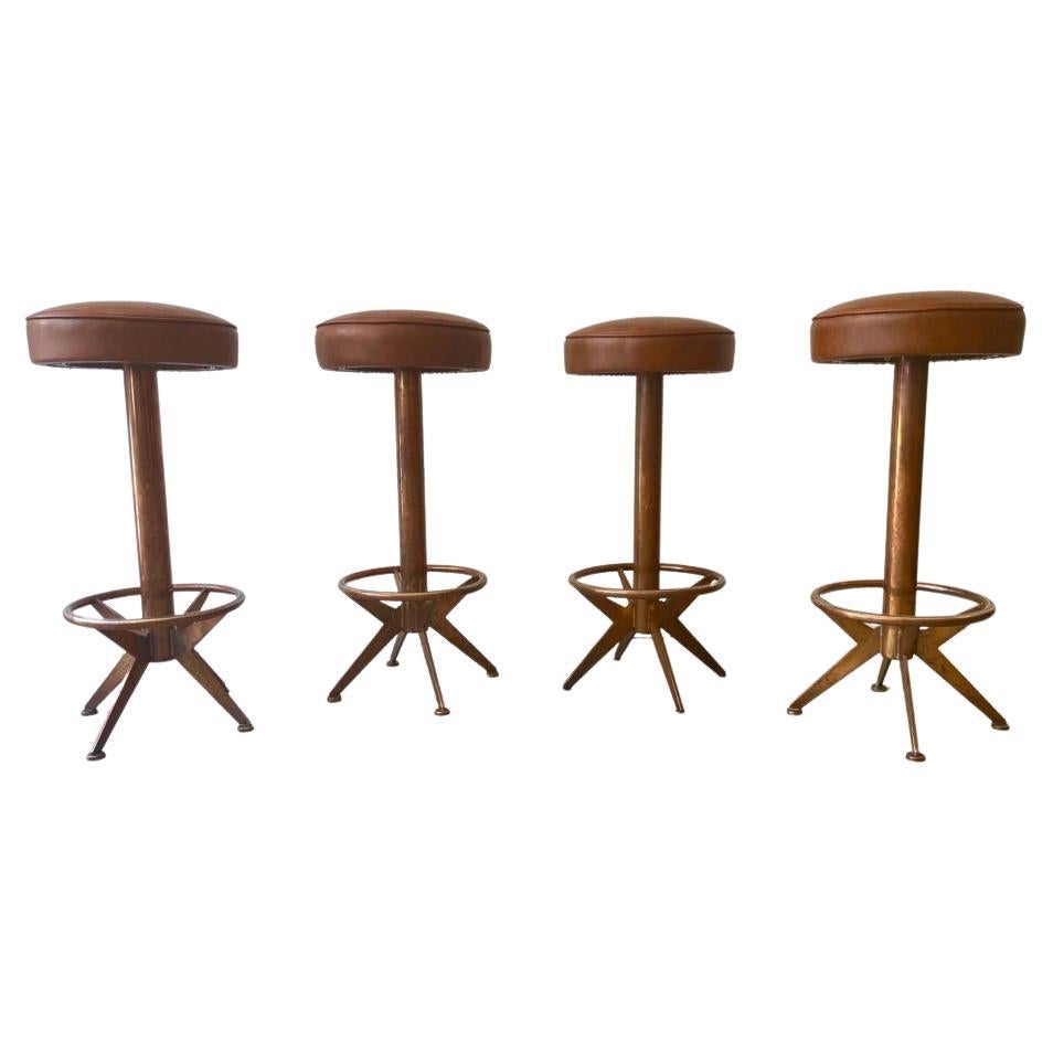 Set of 4 Copper & Leather Modernist Barstools ca. 1950s For Sale