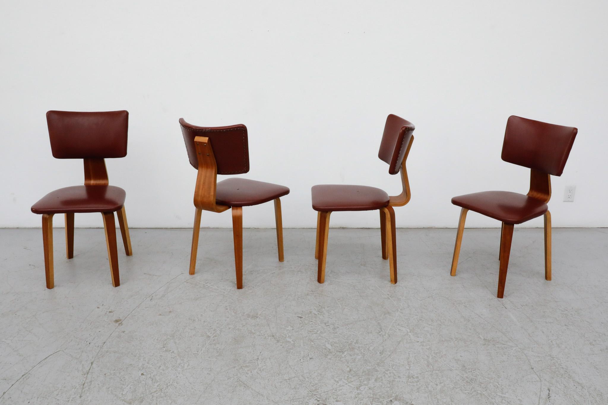 Set of 4 Cor Alons Teak and Burgundy Skai Dining Chairs For Sale 4