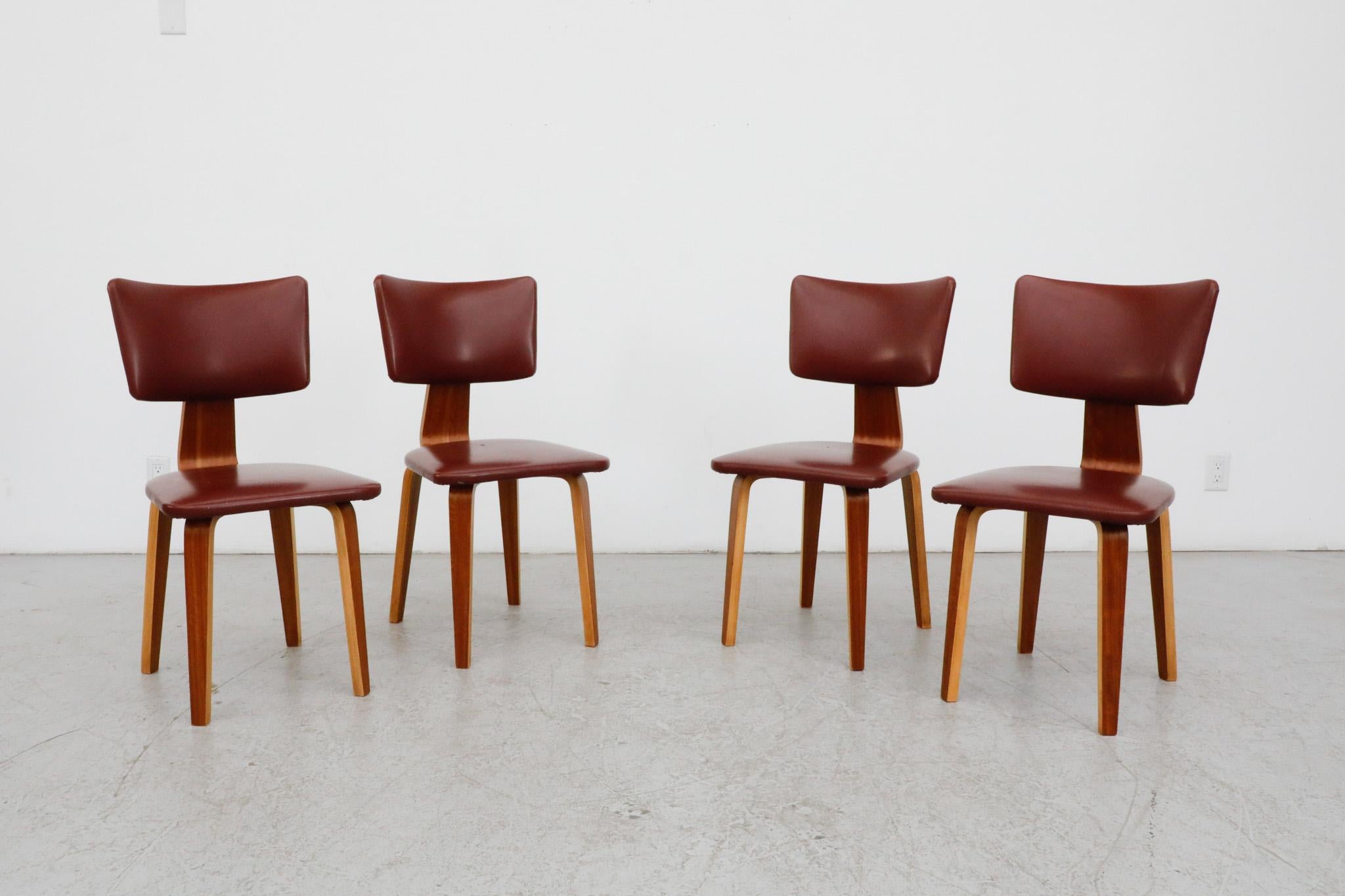 Set of 4 Cor Alons Teak and Burgundy Skai Dining Chairs For Sale 11