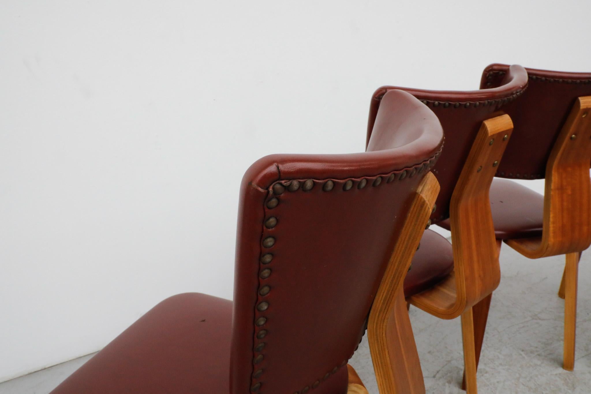 Set of 4 Cor Alons Teak and Burgundy Skai Dining Chairs For Sale 1