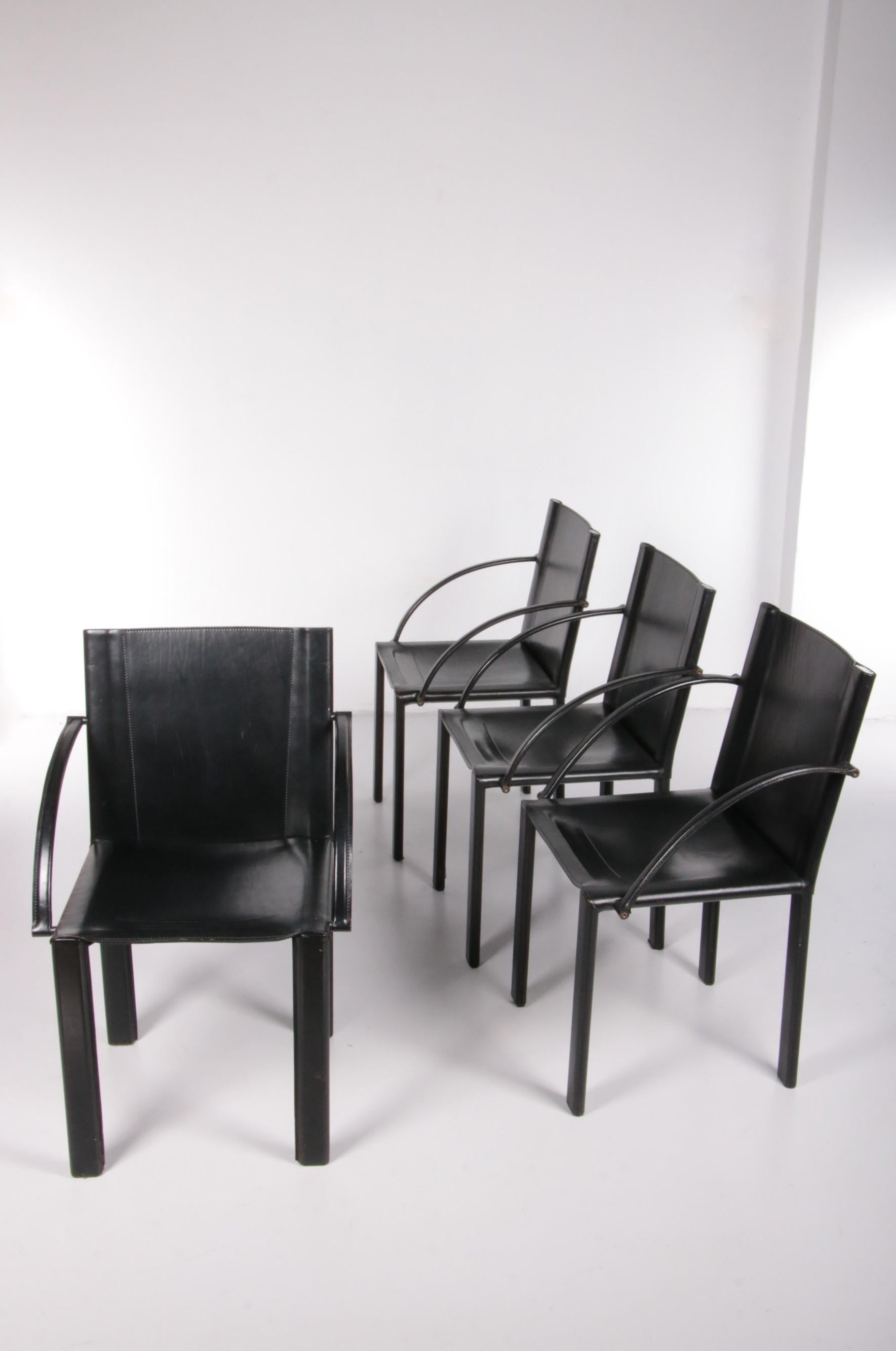 Leather Set of 4 Coral Dining Room Chairs by Carlo Bartoli for Matteo Grassi, 1980s