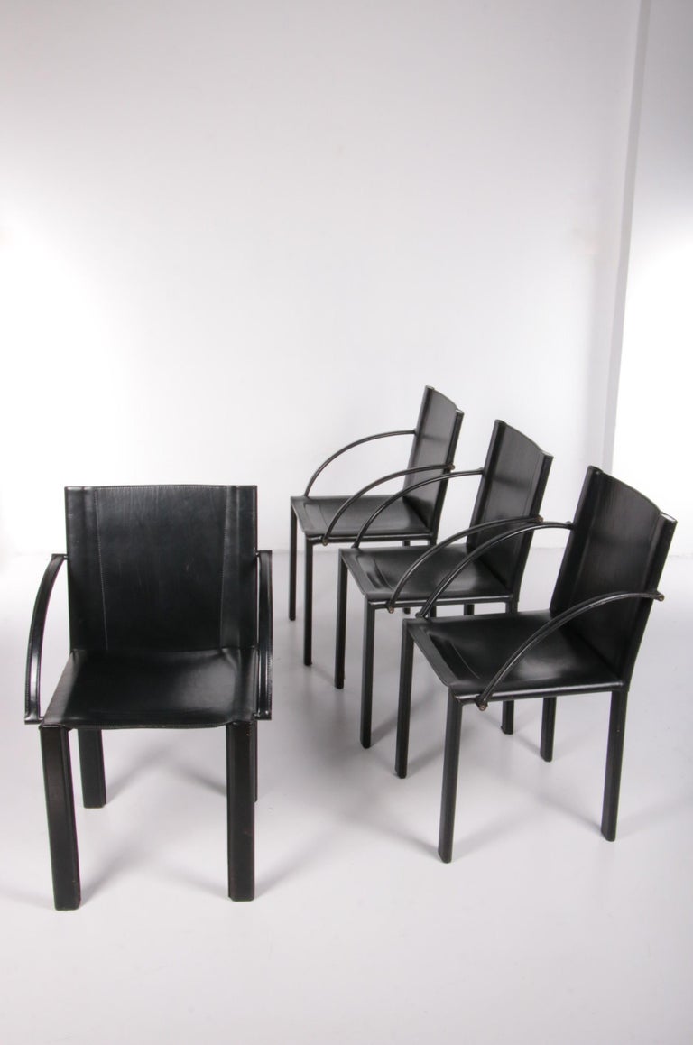 Leather Set of 4 Coral Dining Room Chairs by Carlo Bartoli for Matteo Grassi, 1980s For Sale