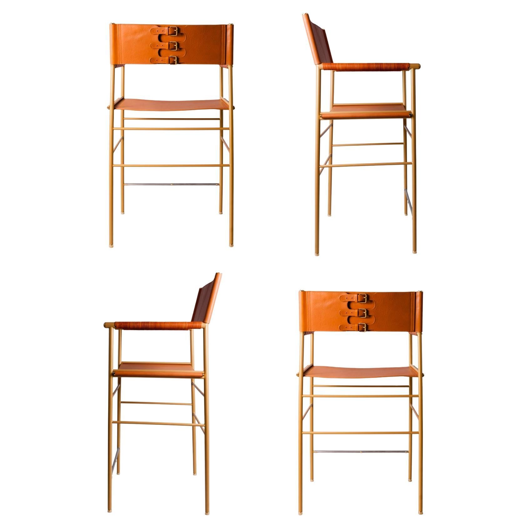 Set of 4 Counter Bar Stools w. Backrest - Tan Leather & Aged Brass Powder Coated