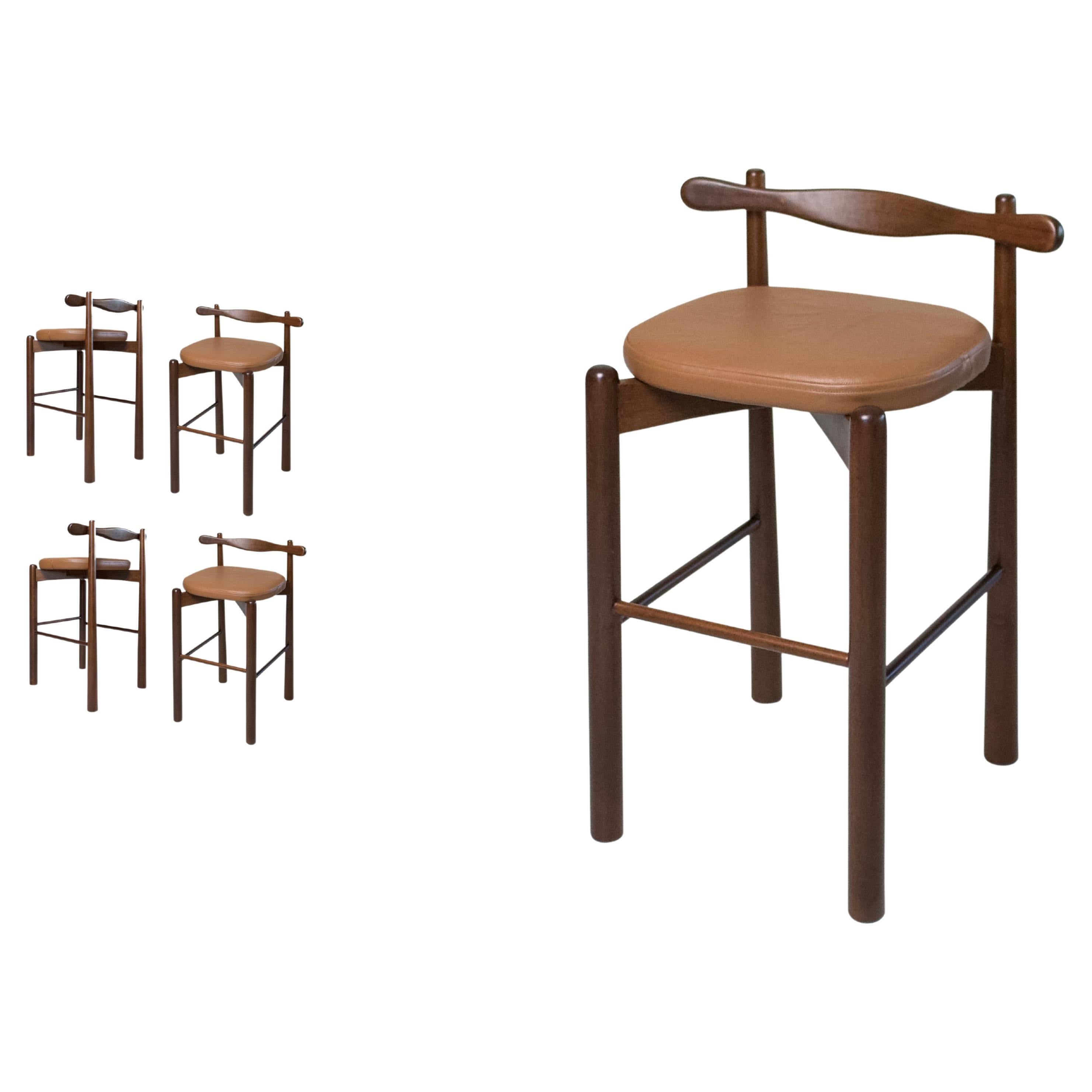 Set of 4 Counter Stools Uçá - Dark Brown Wood (fabric ref : F08) For Sale