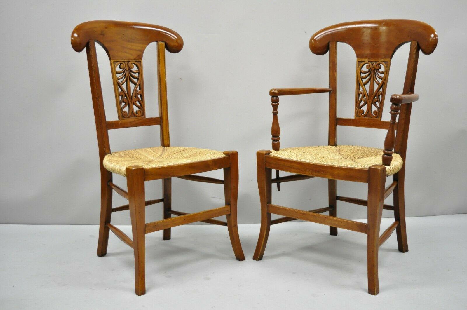 Set of 4 Country French Provincial Carved Cherrywood Rush Seat Dining Chairs 8