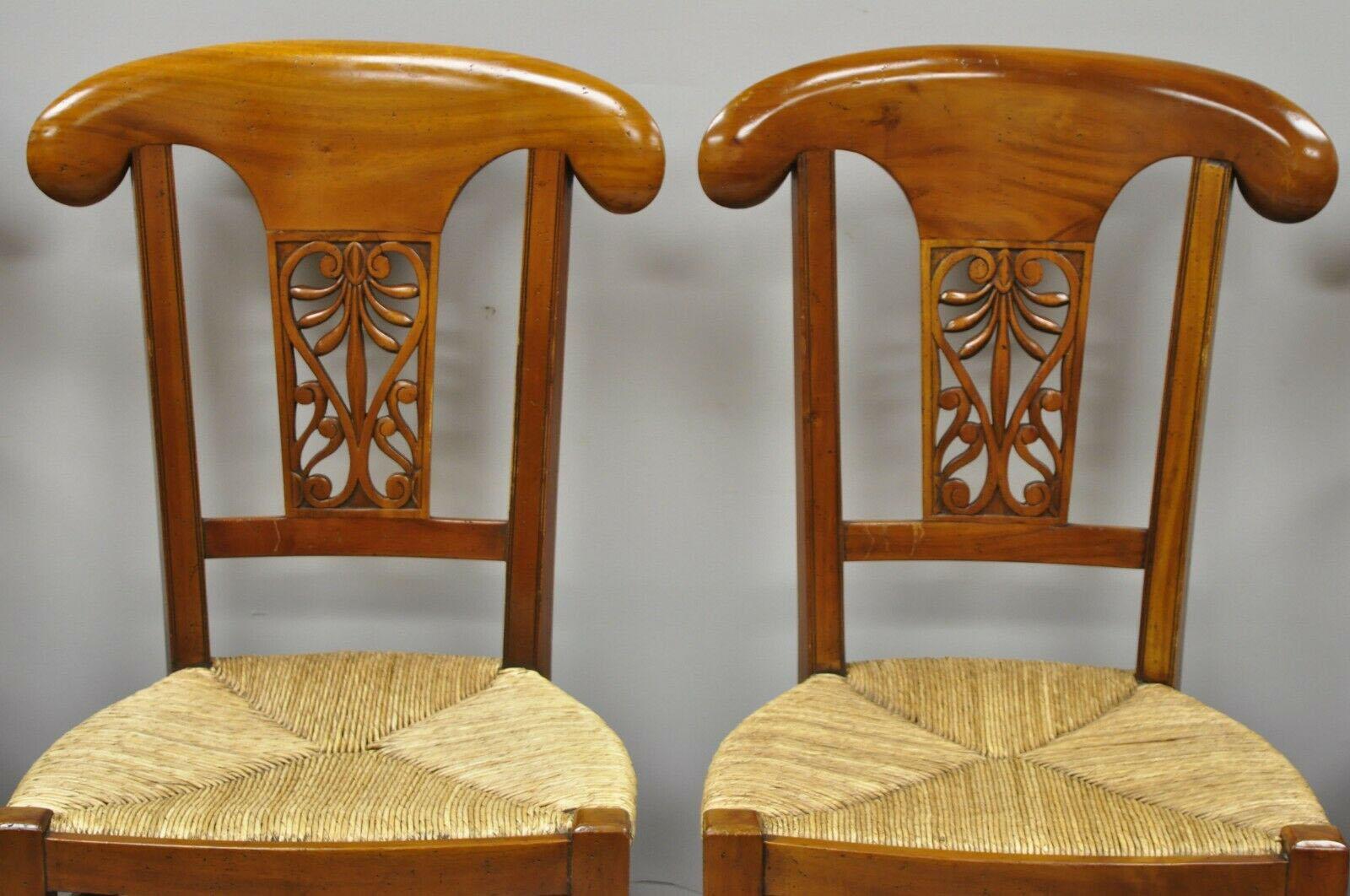 Set of 4 Country French Provincial Carved Cherrywood Rush Seat Dining Chairs In Good Condition In Philadelphia, PA