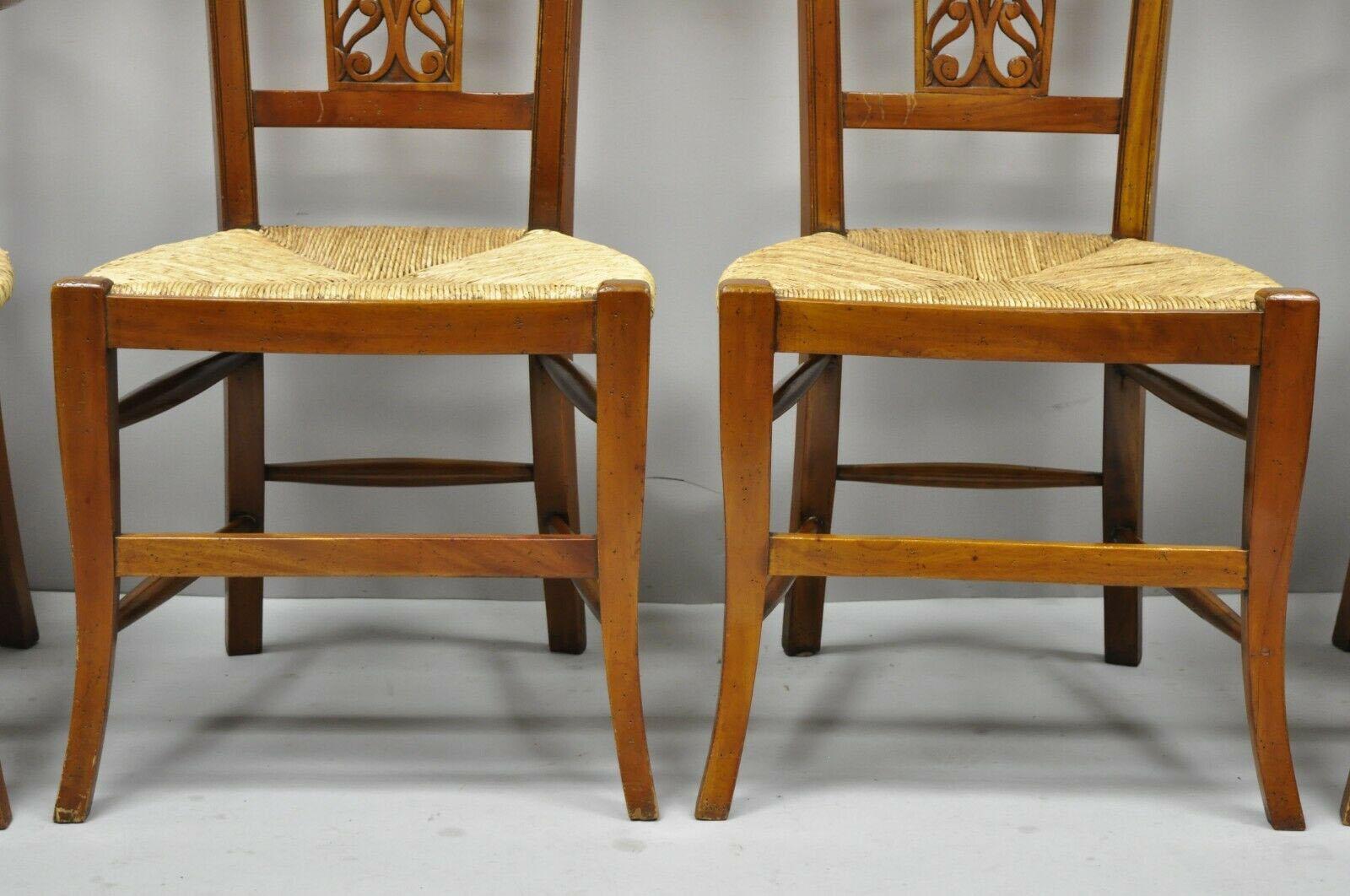 20th Century Set of 4 Country French Provincial Carved Cherrywood Rush Seat Dining Chairs