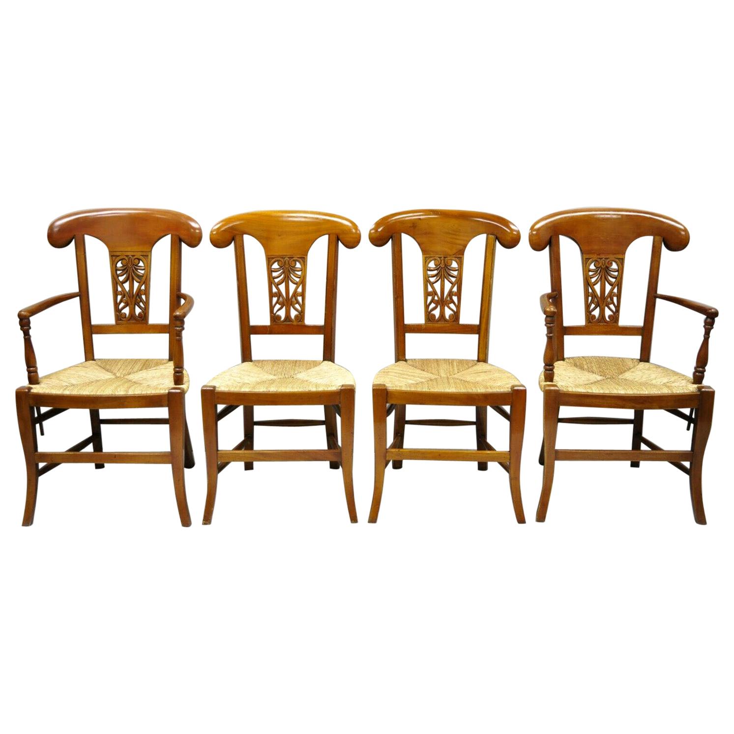 Set of 4 Country French Provincial Carved Cherrywood Rush Seat Dining Chairs