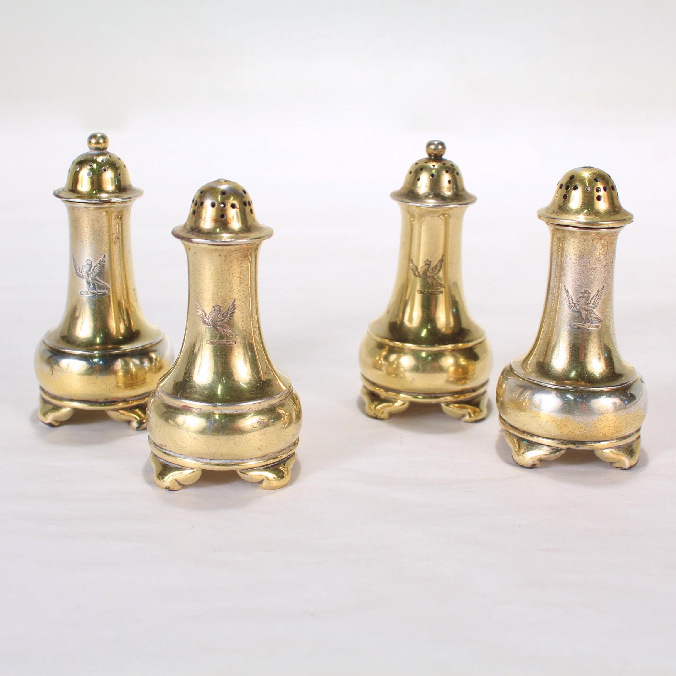 Edwardian Set of 4 Crested Tiffany & Co Gilt Sterling Silver Salt & Pepper Shakers For Sale