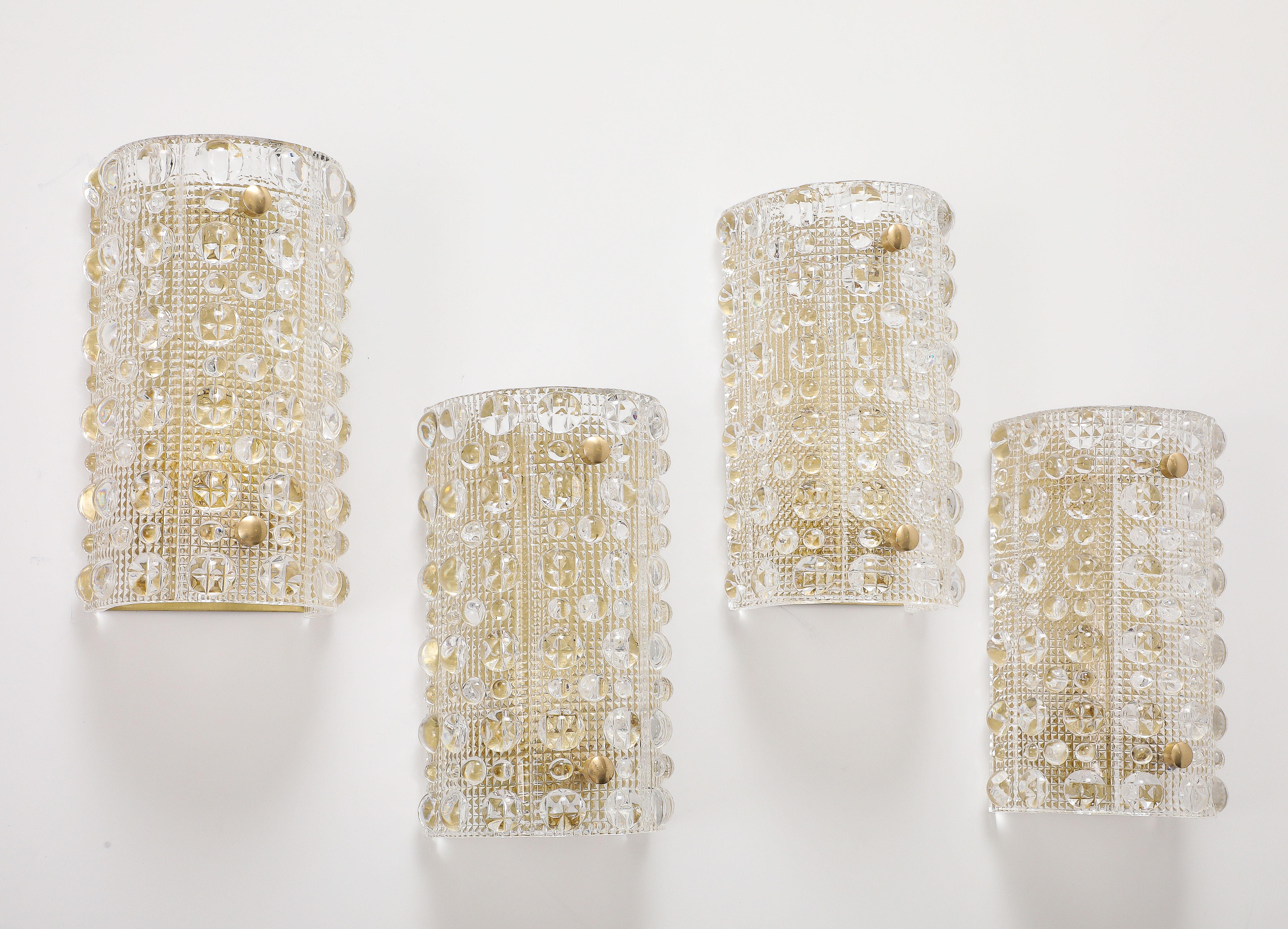 Mid-Century Modern Set of 4 Crystal and Brass Sconces Designed by Carl Fagerlund for Orrefors For Sale