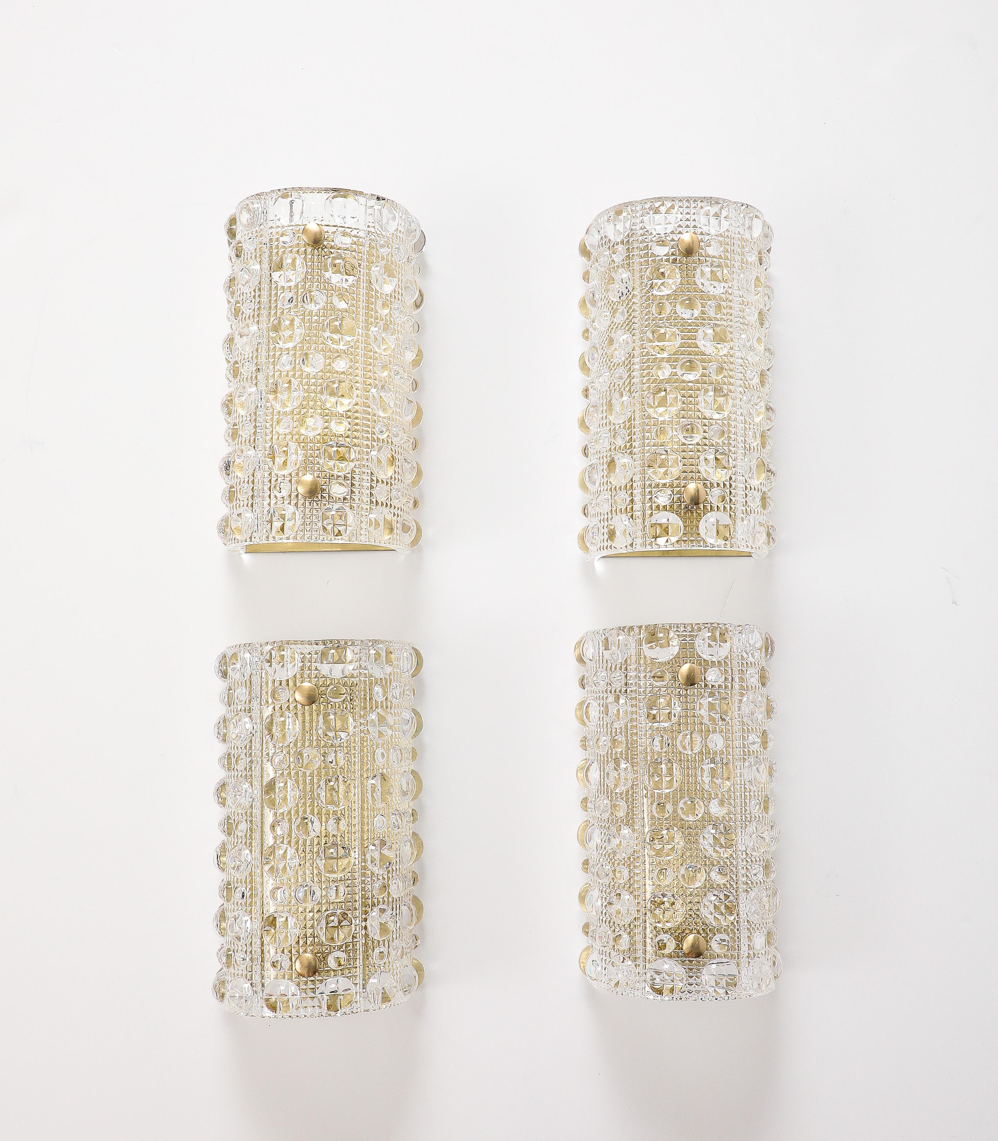 Swedish Set of 4 Crystal and Brass Sconces Designed by Carl Fagerlund for Orrefors For Sale