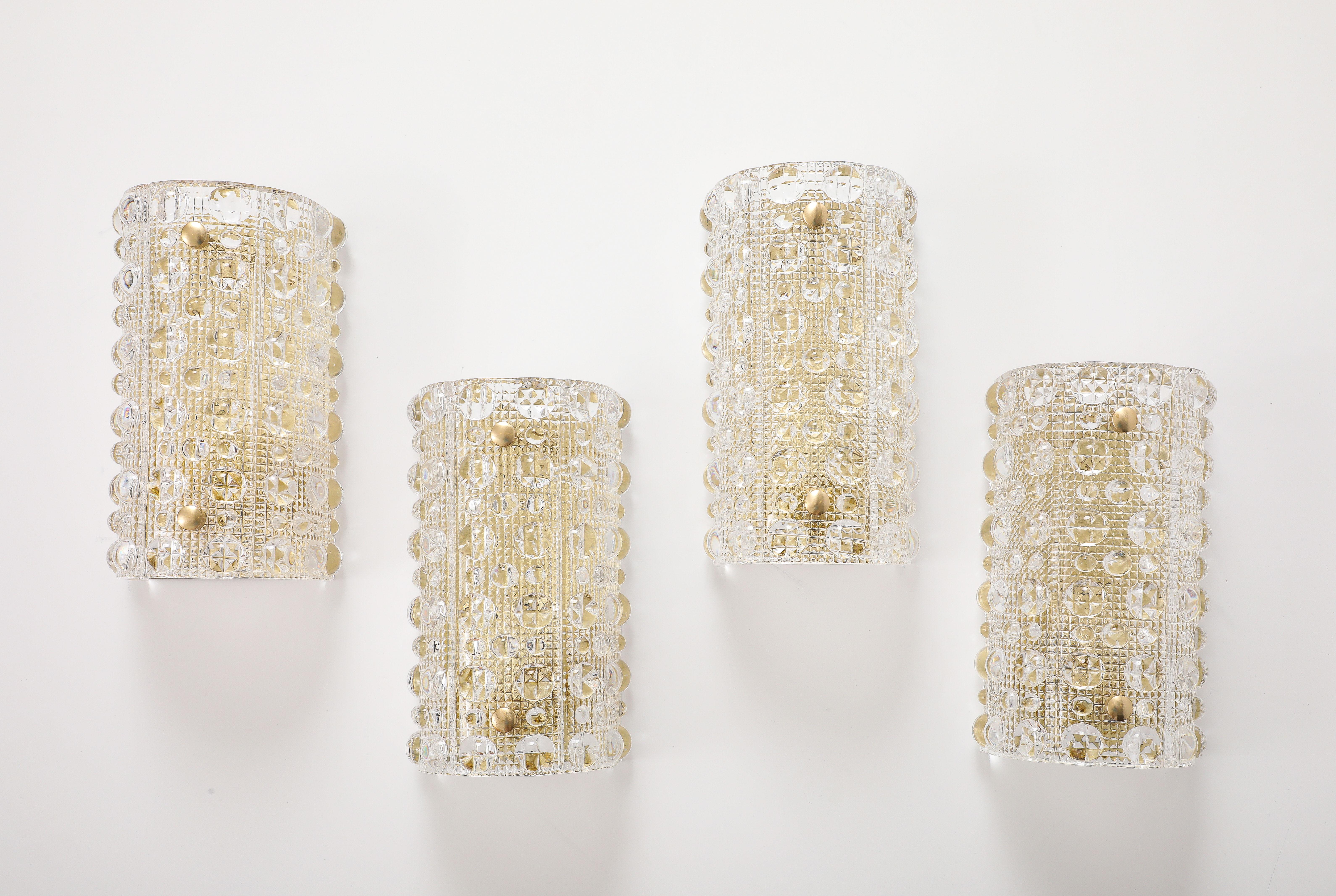 Set of 4 Crystal and Brass Sconces Designed by Carl Fagerlund for Orrefors In Good Condition For Sale In New York, NY