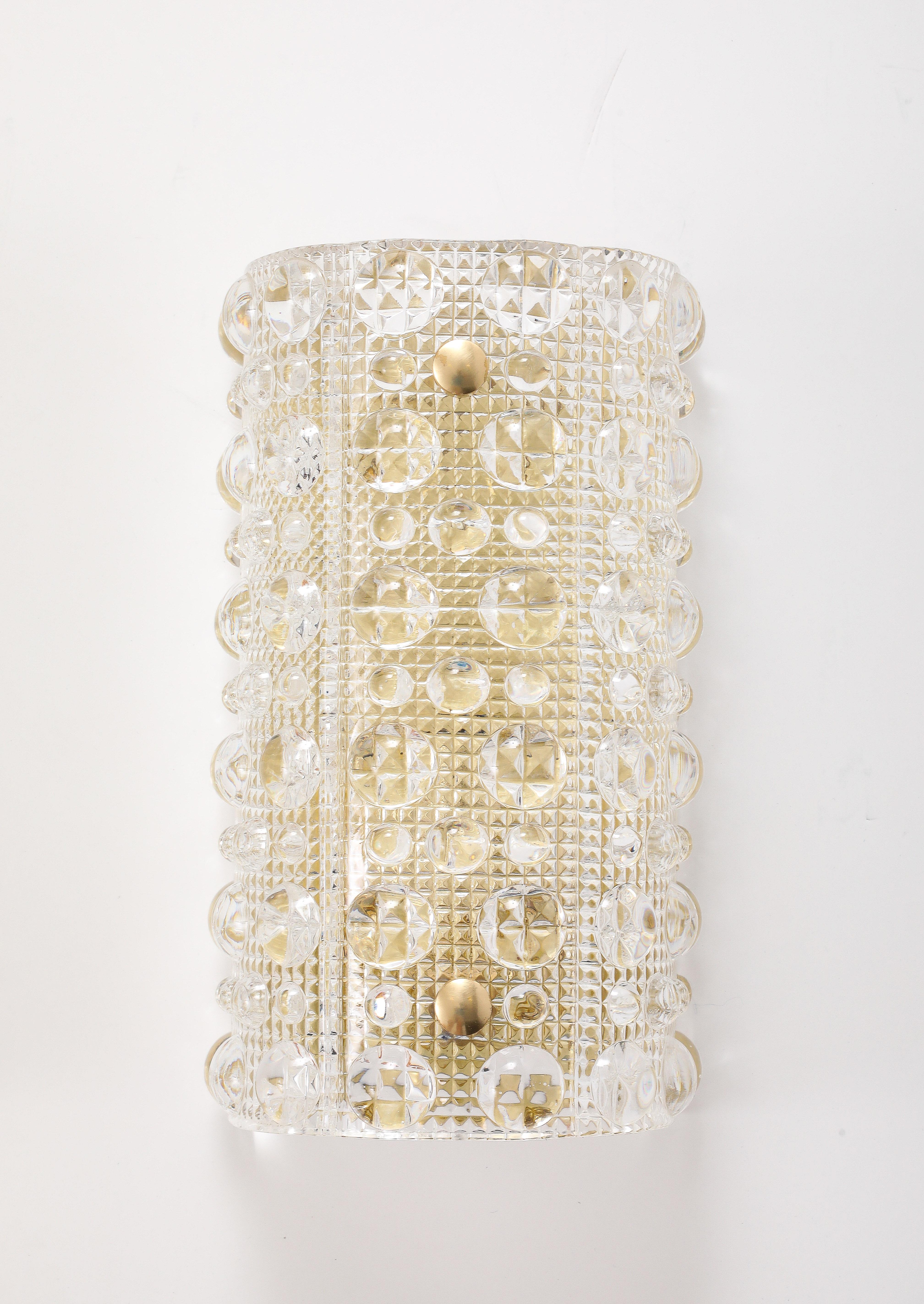 Mid-20th Century Set of 4 Crystal and Brass Sconces Designed by Carl Fagerlund for Orrefors For Sale