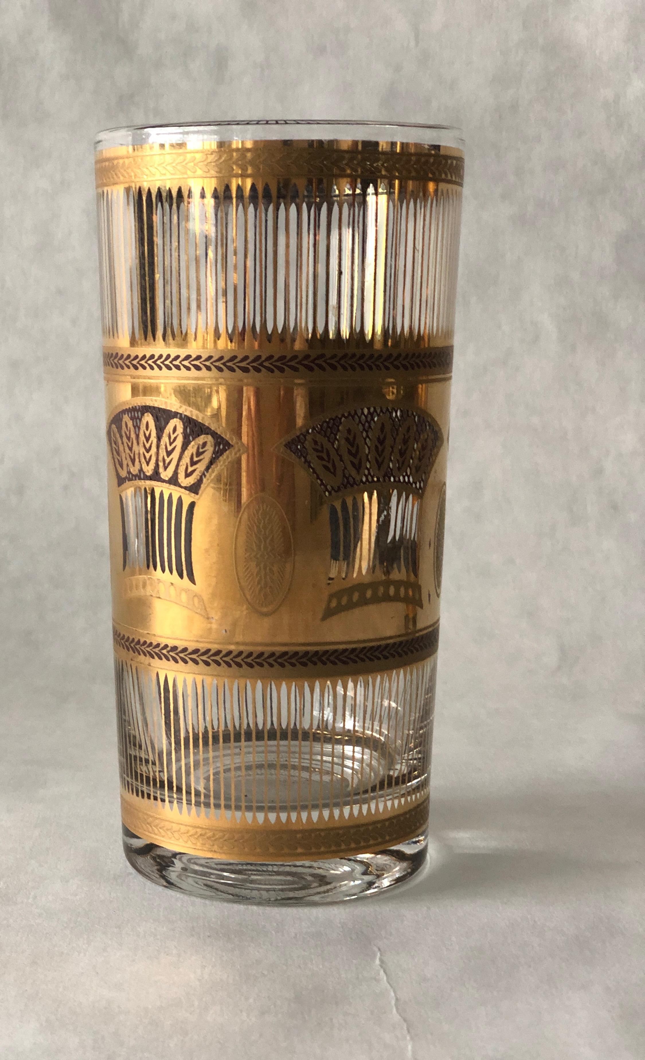 Mid-Century Modern Set of 4 Culver Gold Gilt over Glass Wheat Sheath Theme Tall Cocktail Glasses