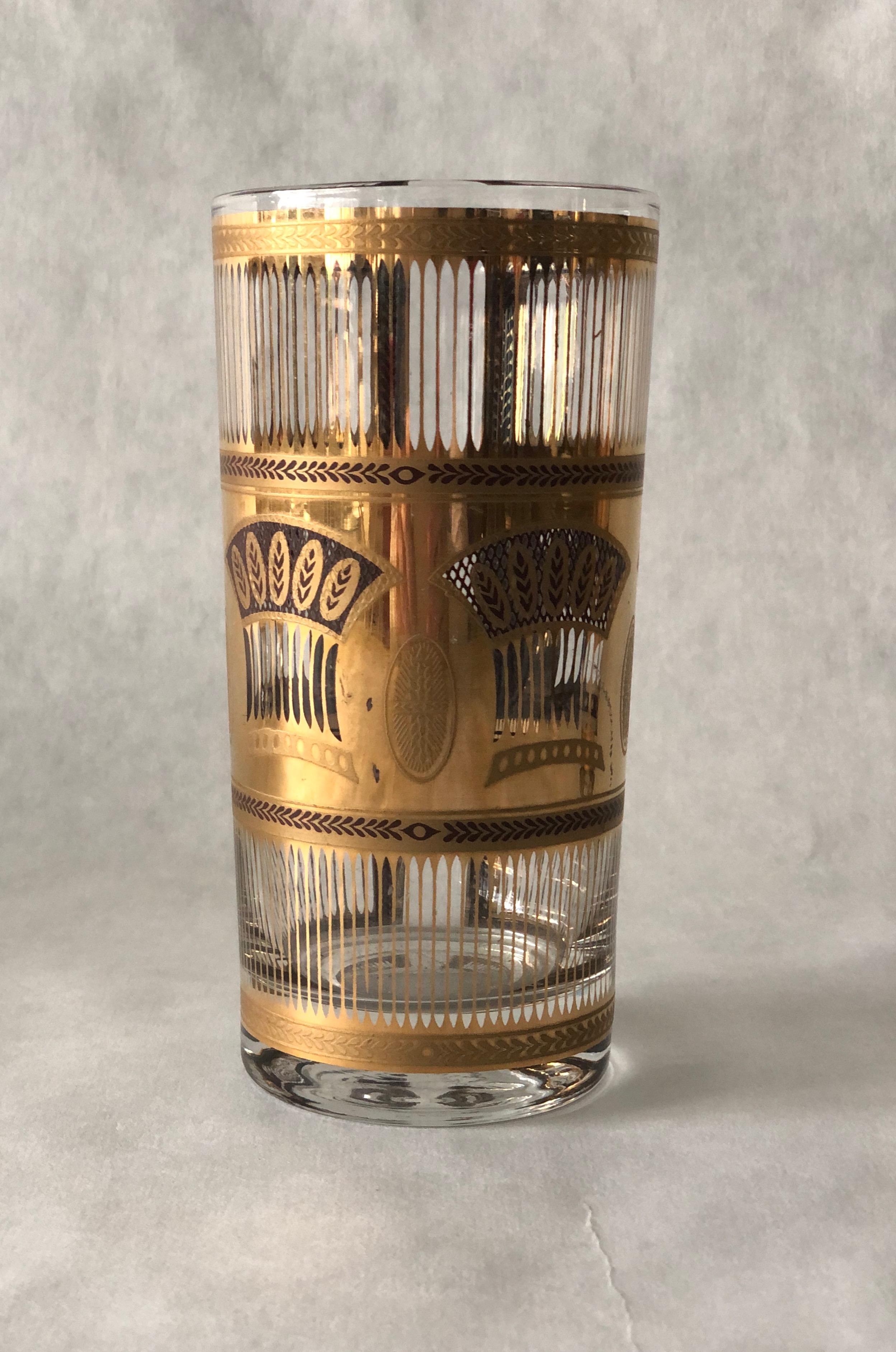 American Set of 4 Culver Gold Gilt over Glass Wheat Sheath Theme Tall Cocktail Glasses