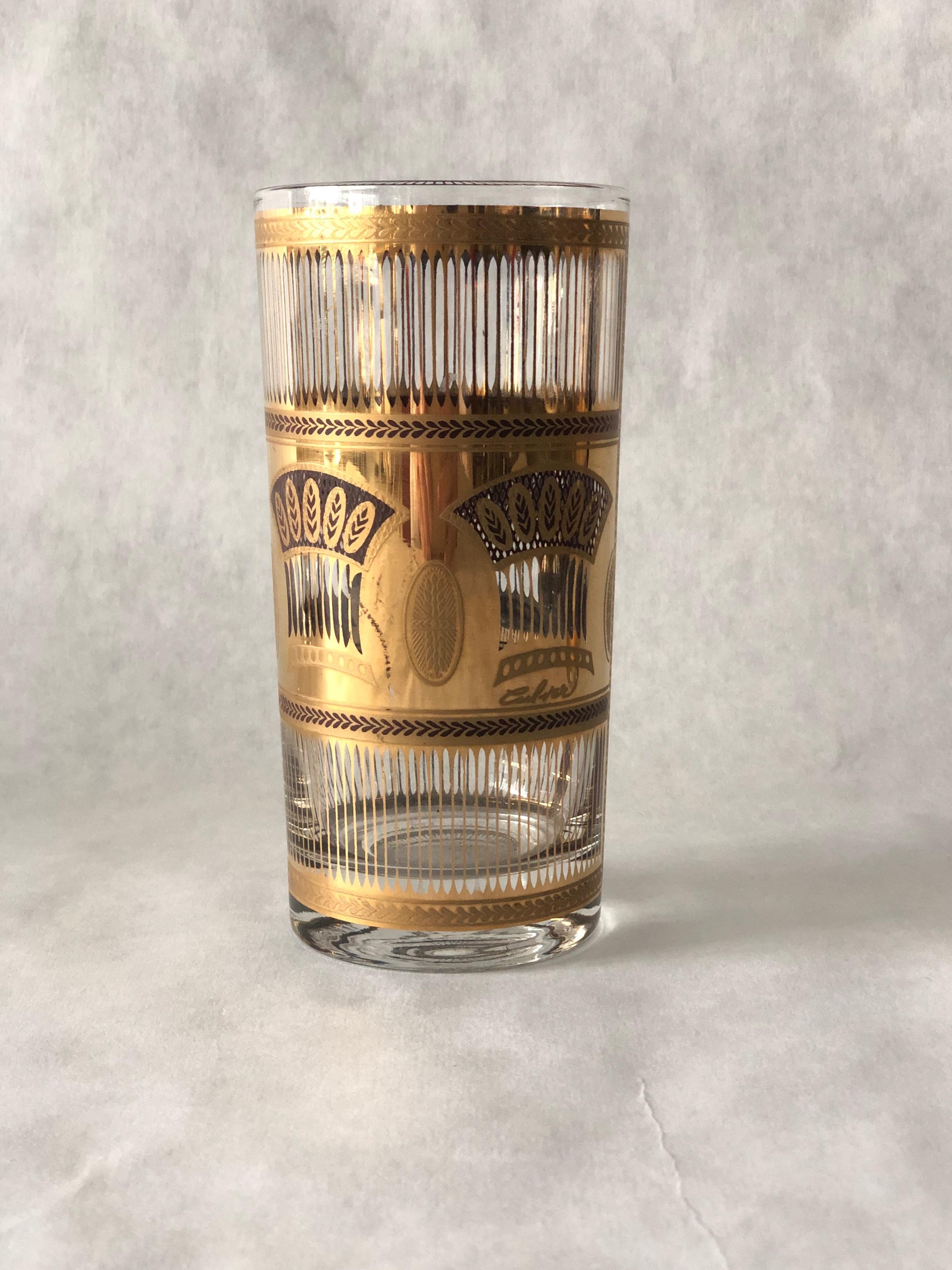 Set of 4 Culver Gold Gilt over Glass Wheat Sheath Theme Tall Cocktail Glasses In Good Condition In Houston, TX