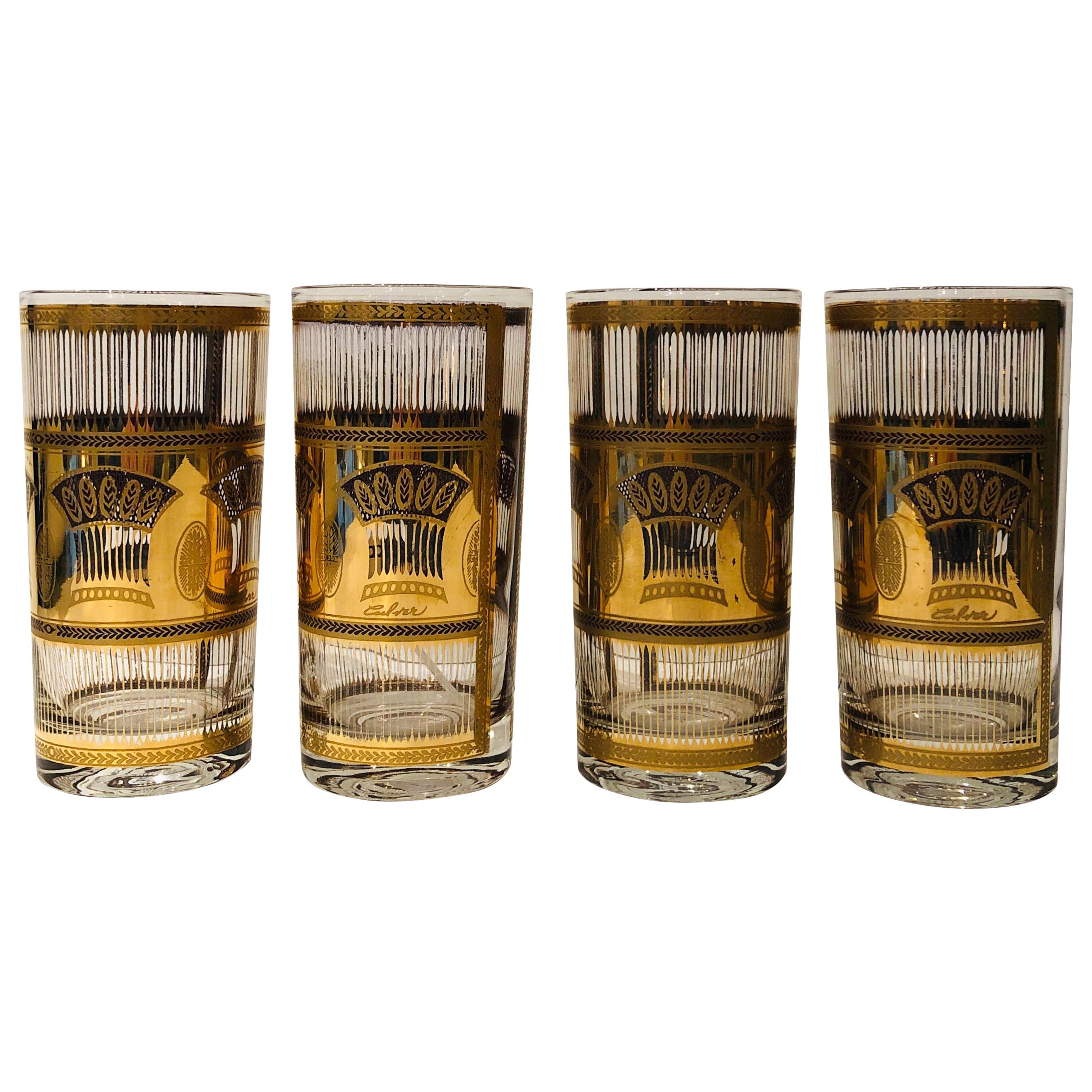 Set of 4 Culver Gold Gilt over Glass Wheat Sheath Theme Tall Cocktail Glasses