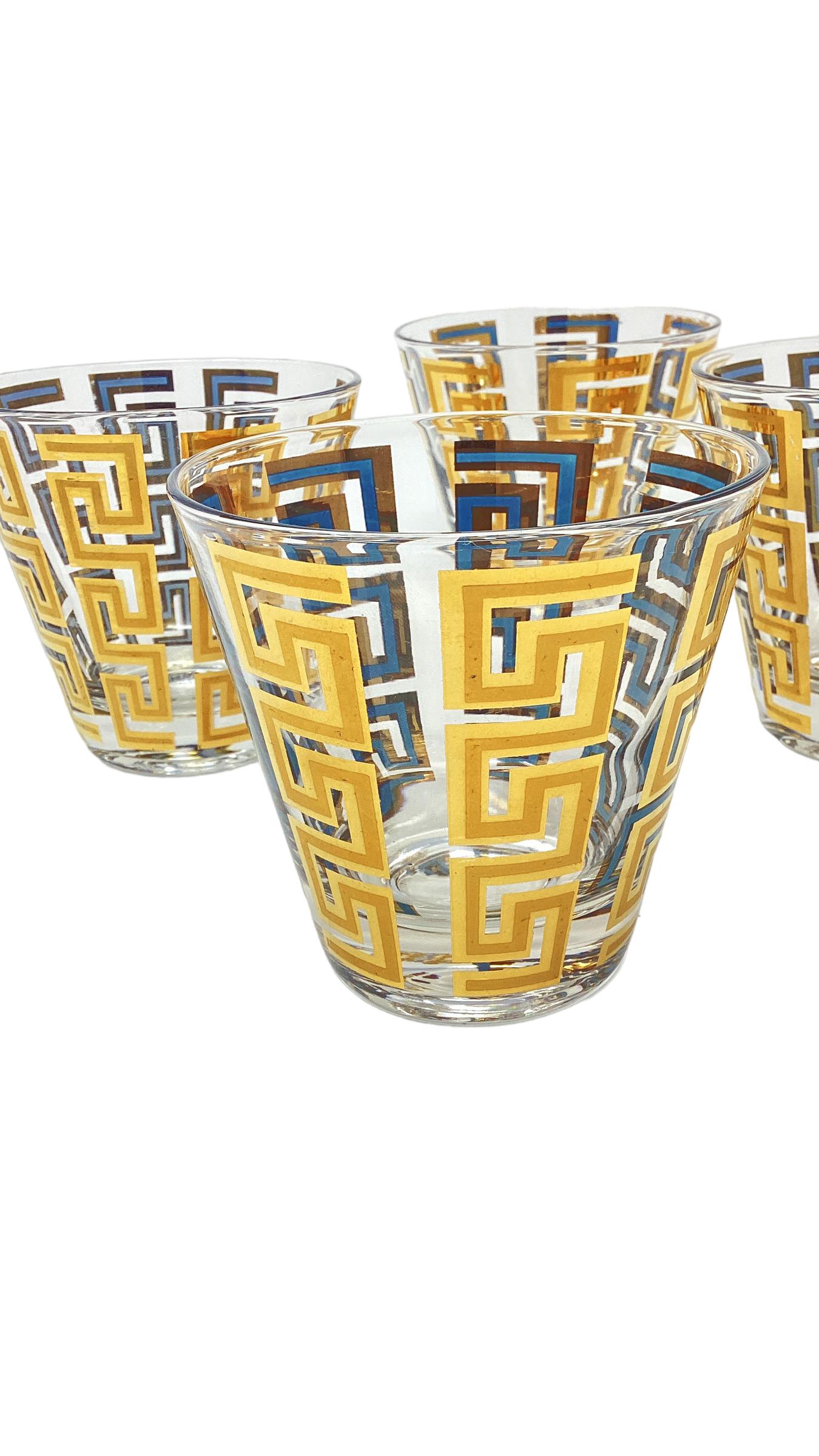 American Set of 4 Culver Greek Key Old Fashioned Glasses For Sale