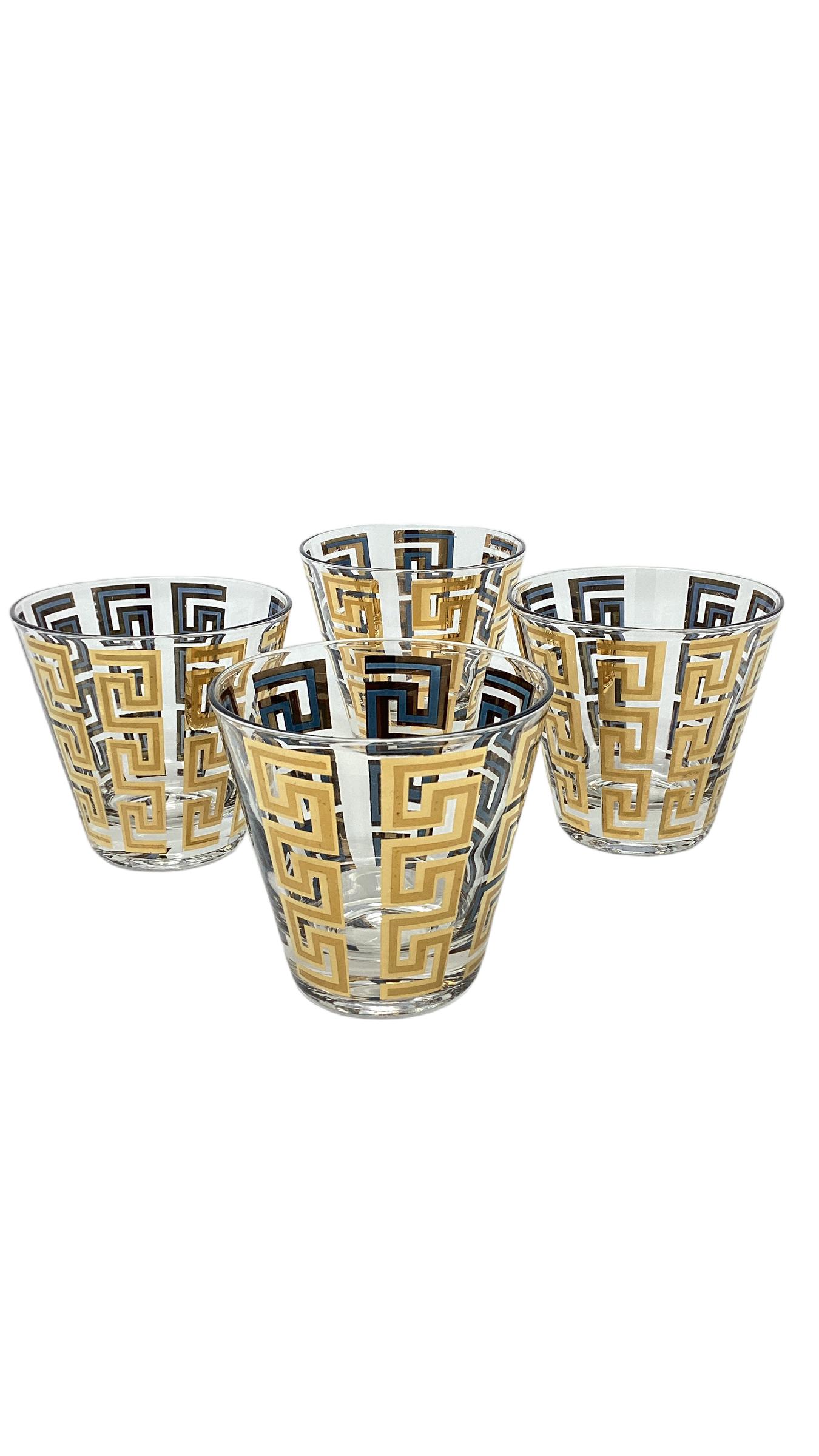 20th Century Set of 4 Culver Greek Key Old Fashioned Glasses For Sale