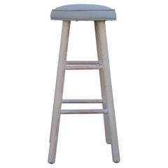Set of 4 Custom Light Gray Leather and White Washed Oak Bar Stools