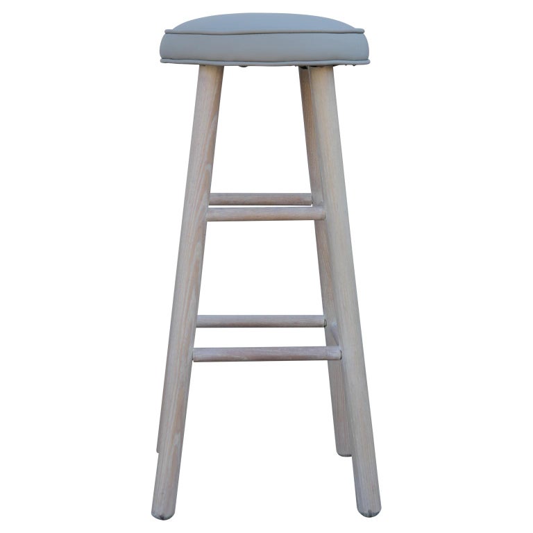 Set of 4 Custom Light Gray Leather and White Washed Oak Bar Stools at