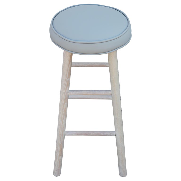 Set of 4 Custom Light Gray Leather and White Washed Oak Bar Stools at