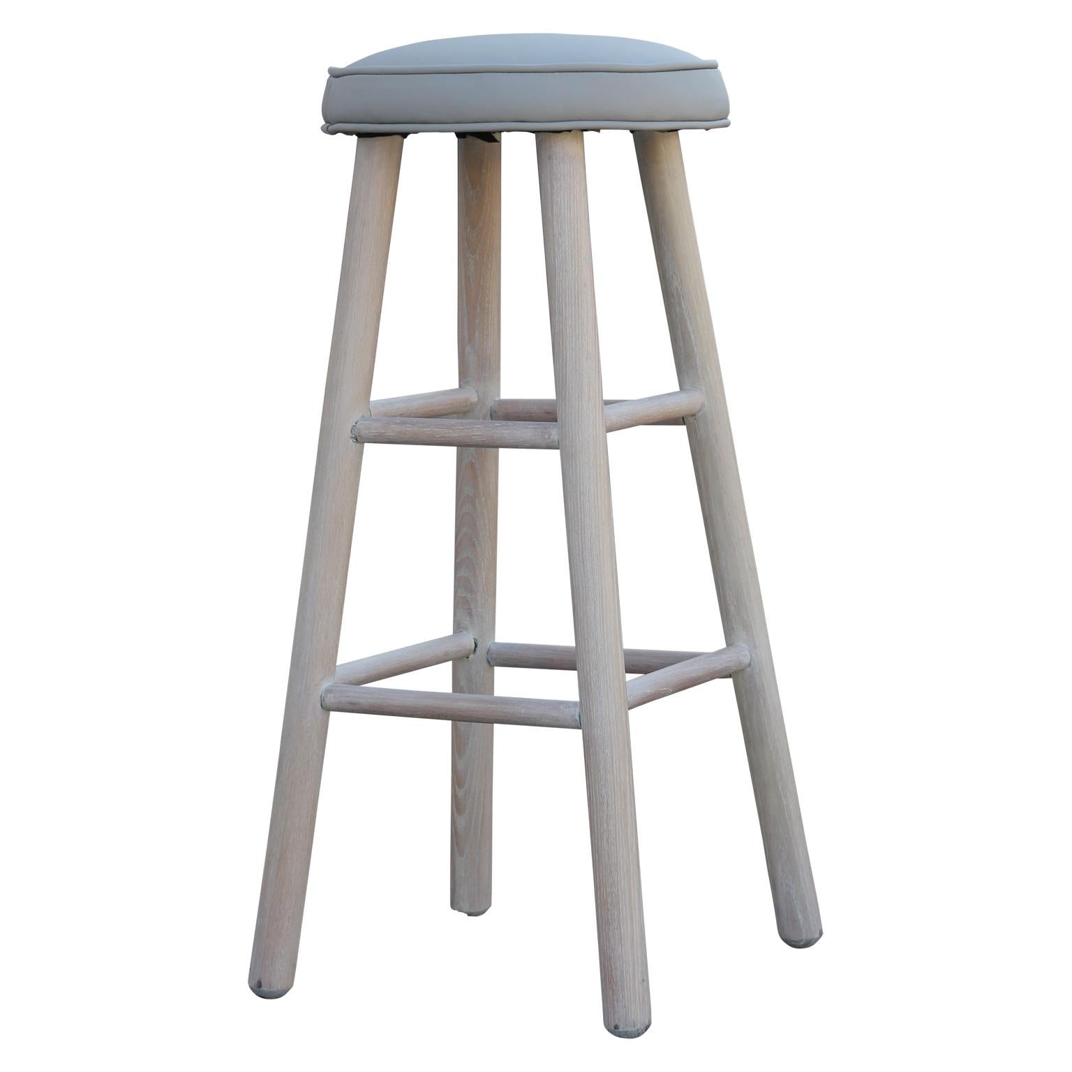American Set of 4 Custom Light Gray Leather and White Washed Oak Bar Stools
