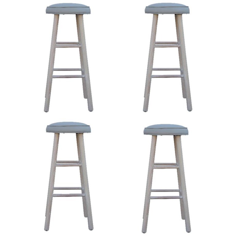 Set of 4 Custom Light Gray Leather and White Washed Oak Bar Stools at