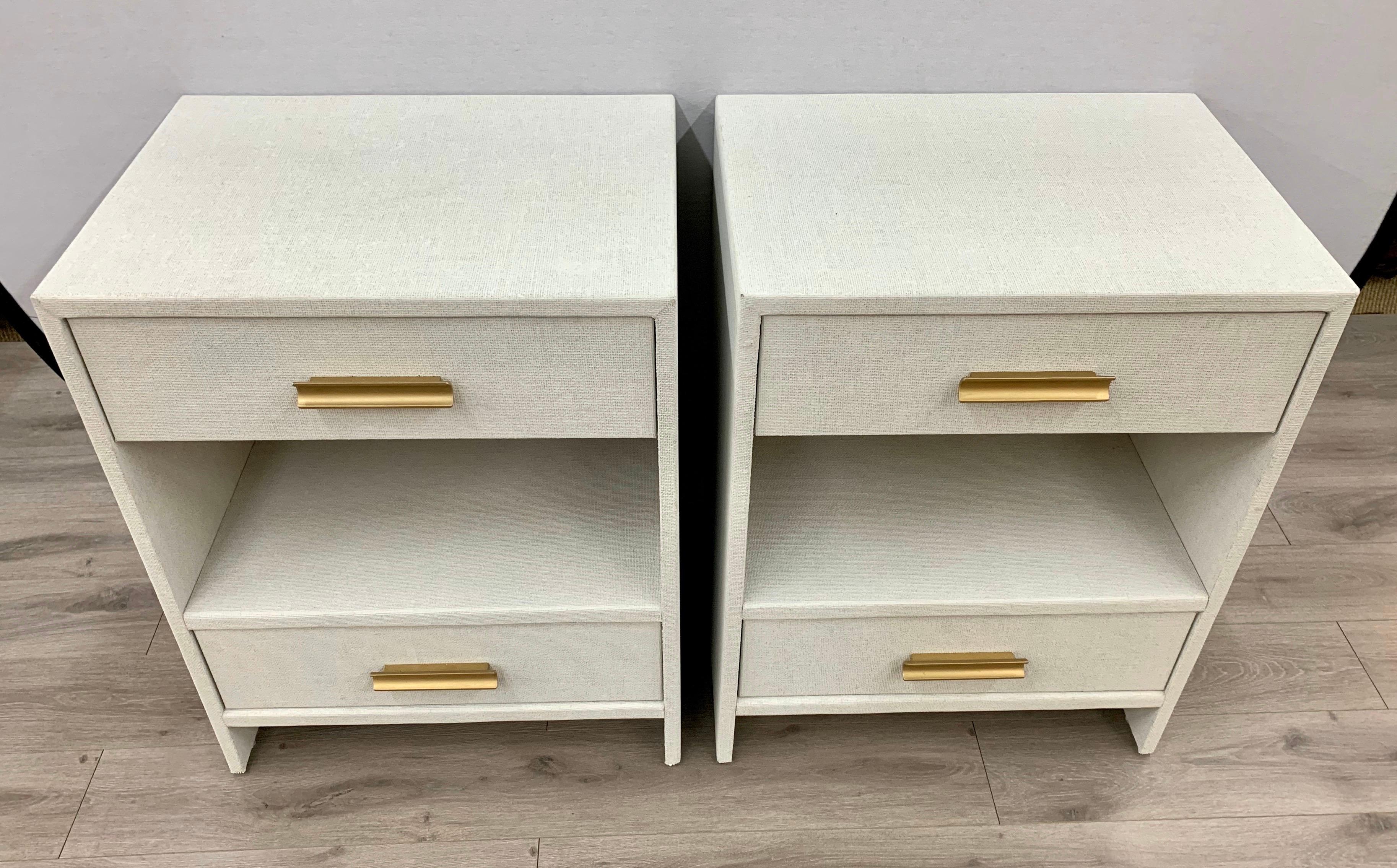 Mid-Century Modern Set of 4 Custom Linen Wrapped Two-Drawer Nightstands End Tables