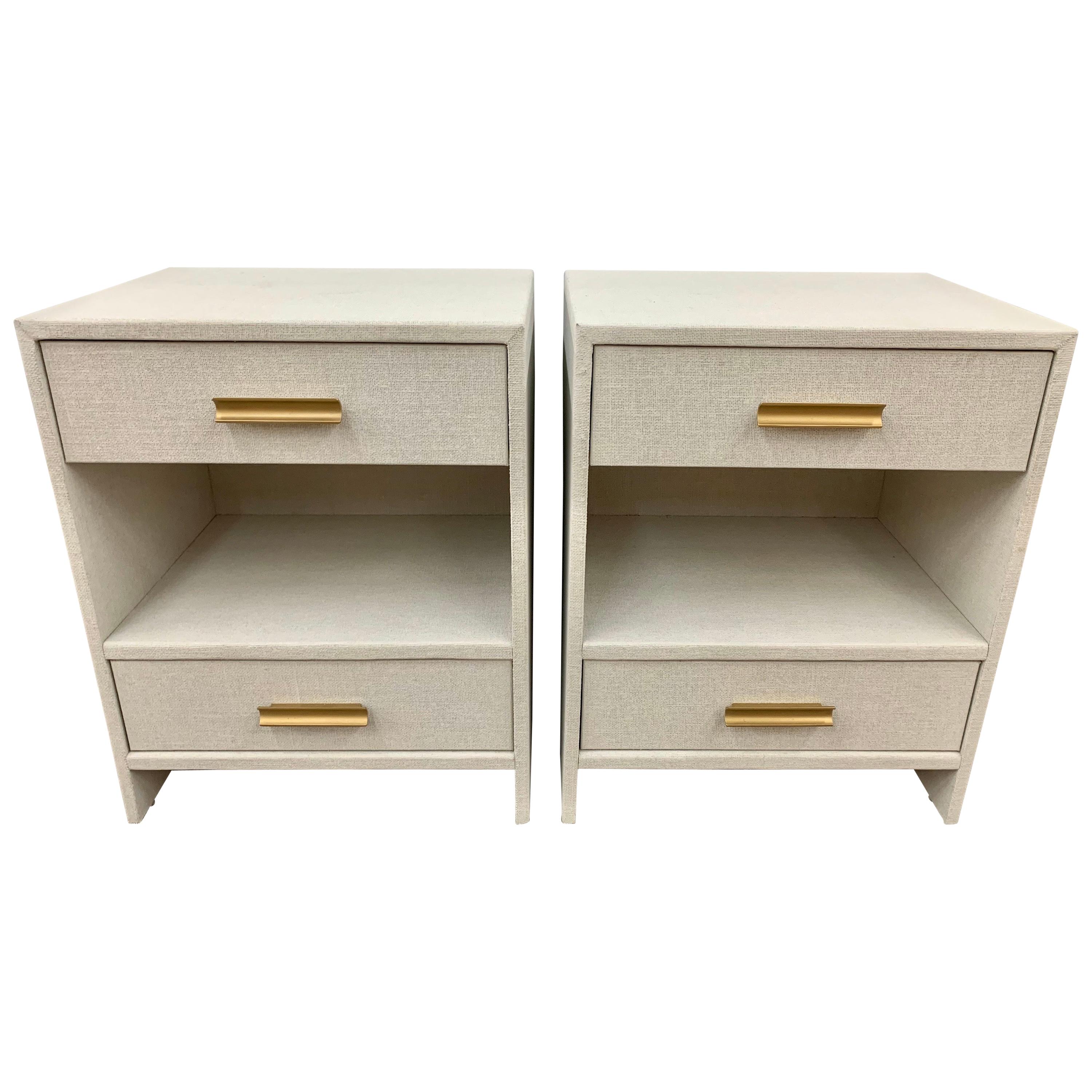 Set of 4 Custom Linen Wrapped Two-Drawer Nightstands End Tables
