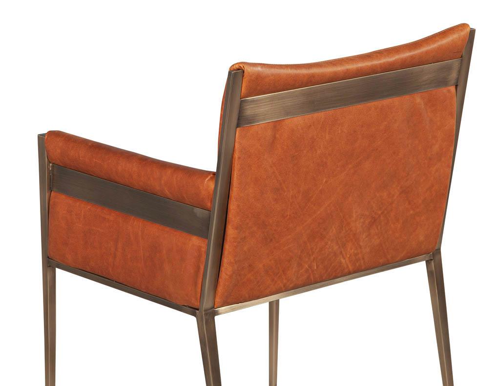 Brass Set of 4 Custom Modern Leather Dining Chairs Cognac Leather For Sale