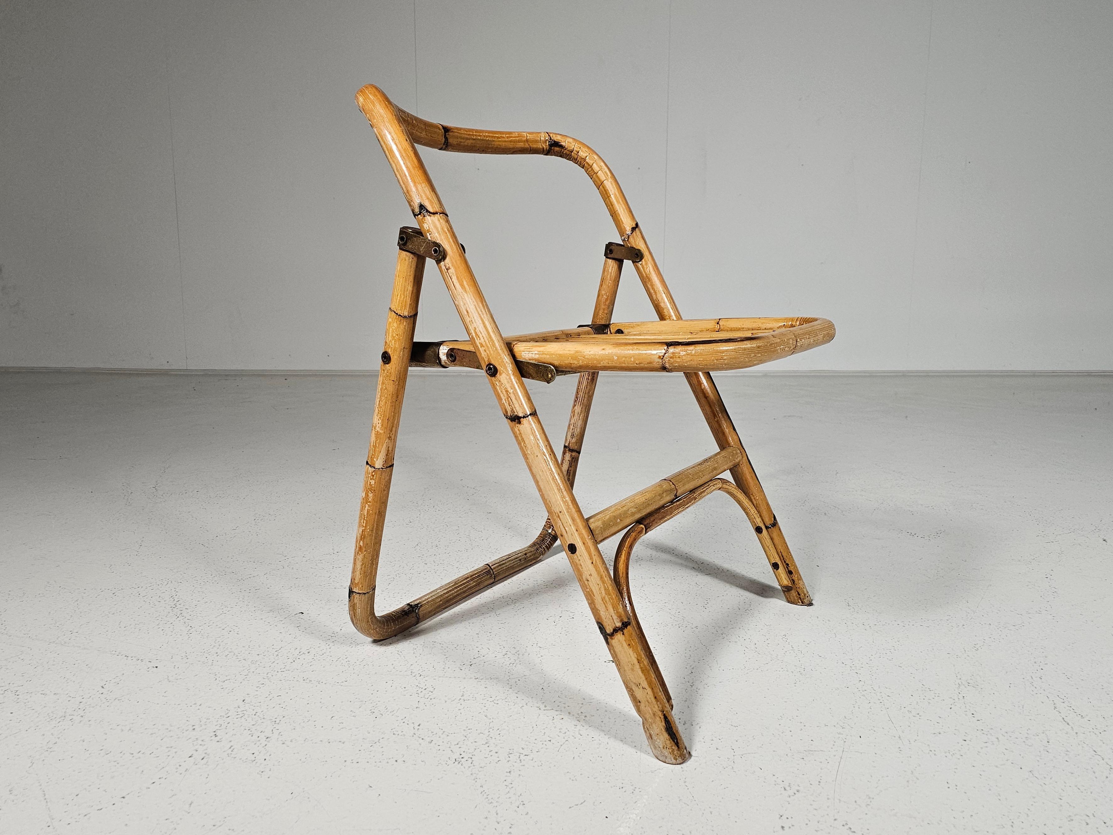 Laiton Ensemble de 4 chaises pliantes en bambou Dal Vera, détails en laiton, Italie, années 1960 en vente