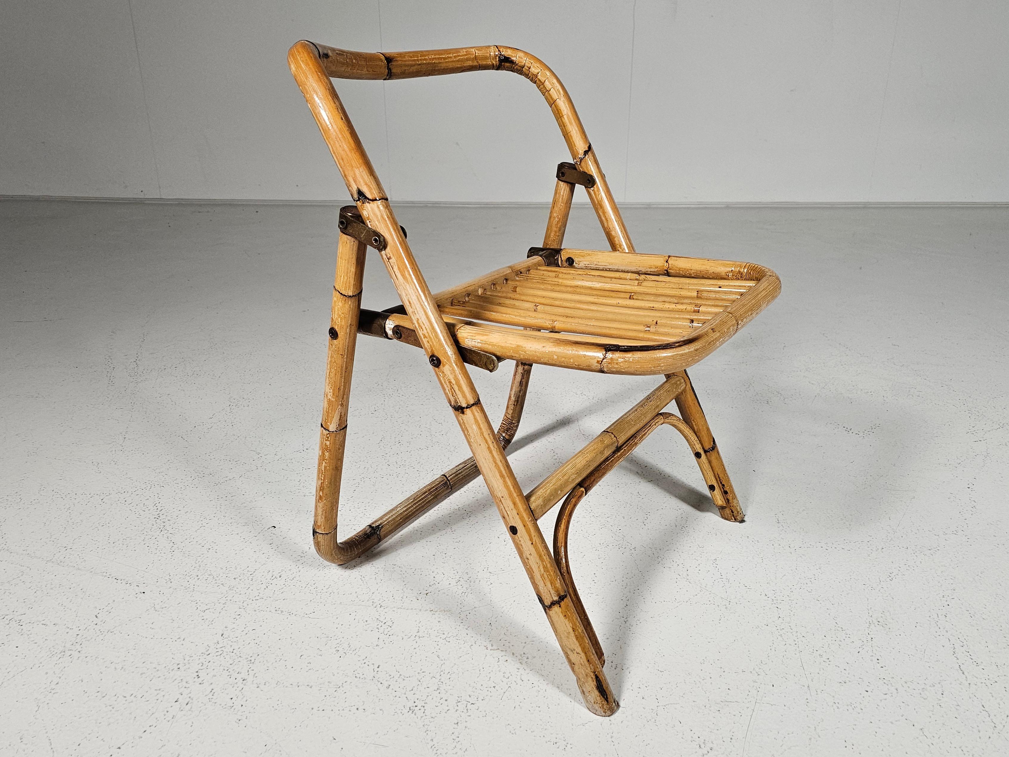 Ensemble de 4 chaises pliantes en bambou Dal Vera, détails en laiton, Italie, années 1960 en vente 1