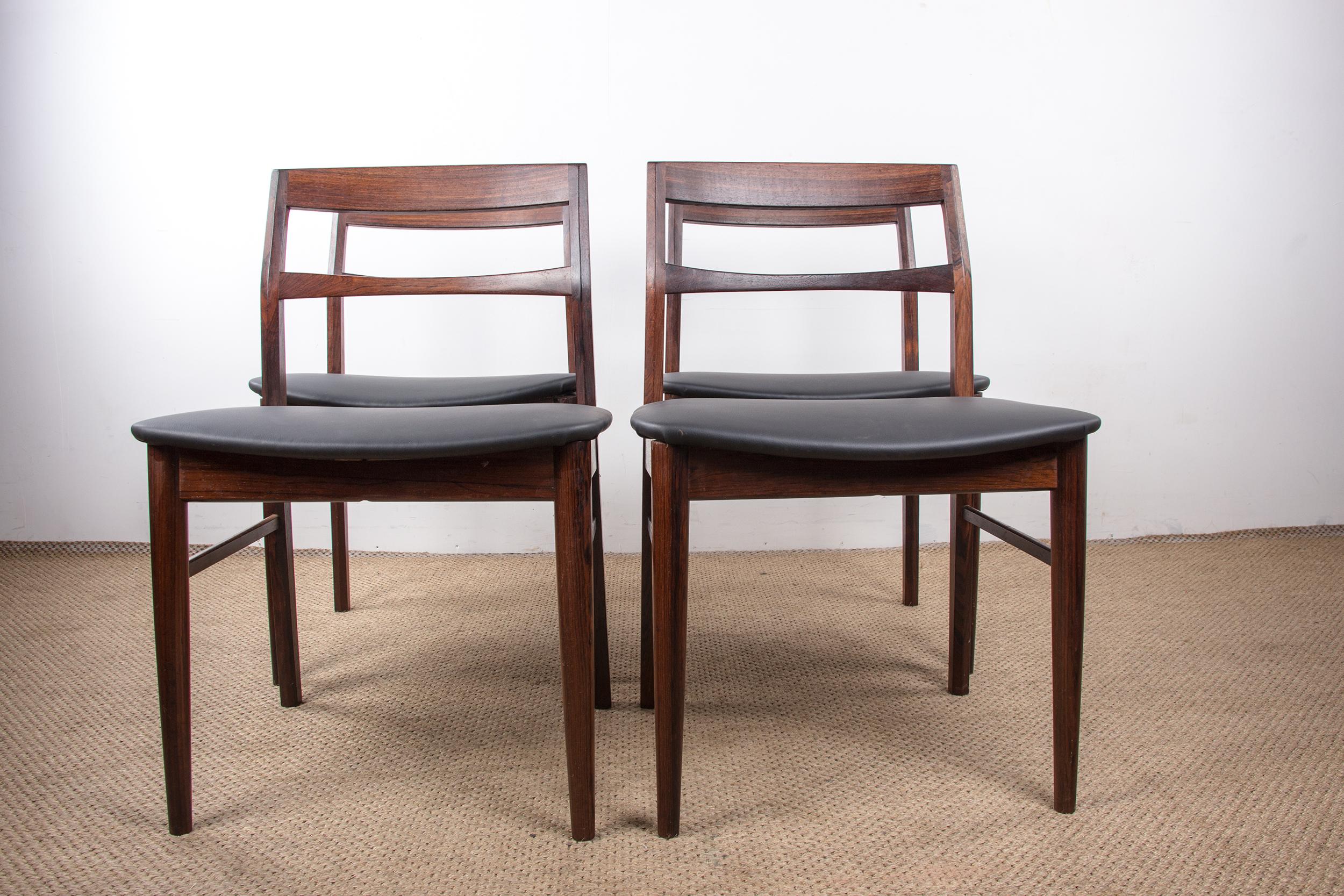 Set of 4 Danish chairs in Rosewood and Skai new by Henning Kjaernulf for Vejl For Sale 11