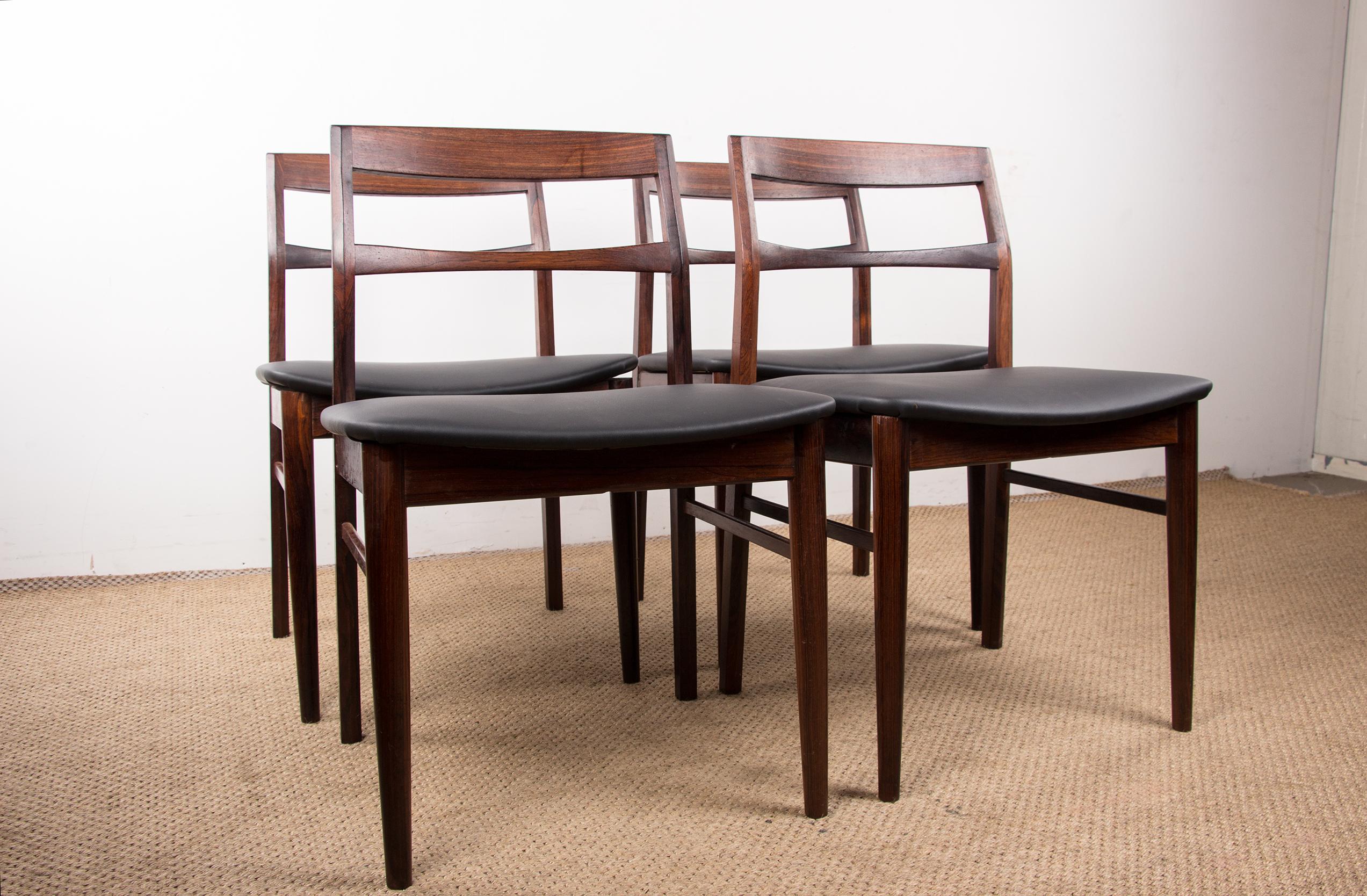 Set of 4 Danish chairs in Rosewood and Skai new by Henning Kjaernulf for Vejl For Sale 12