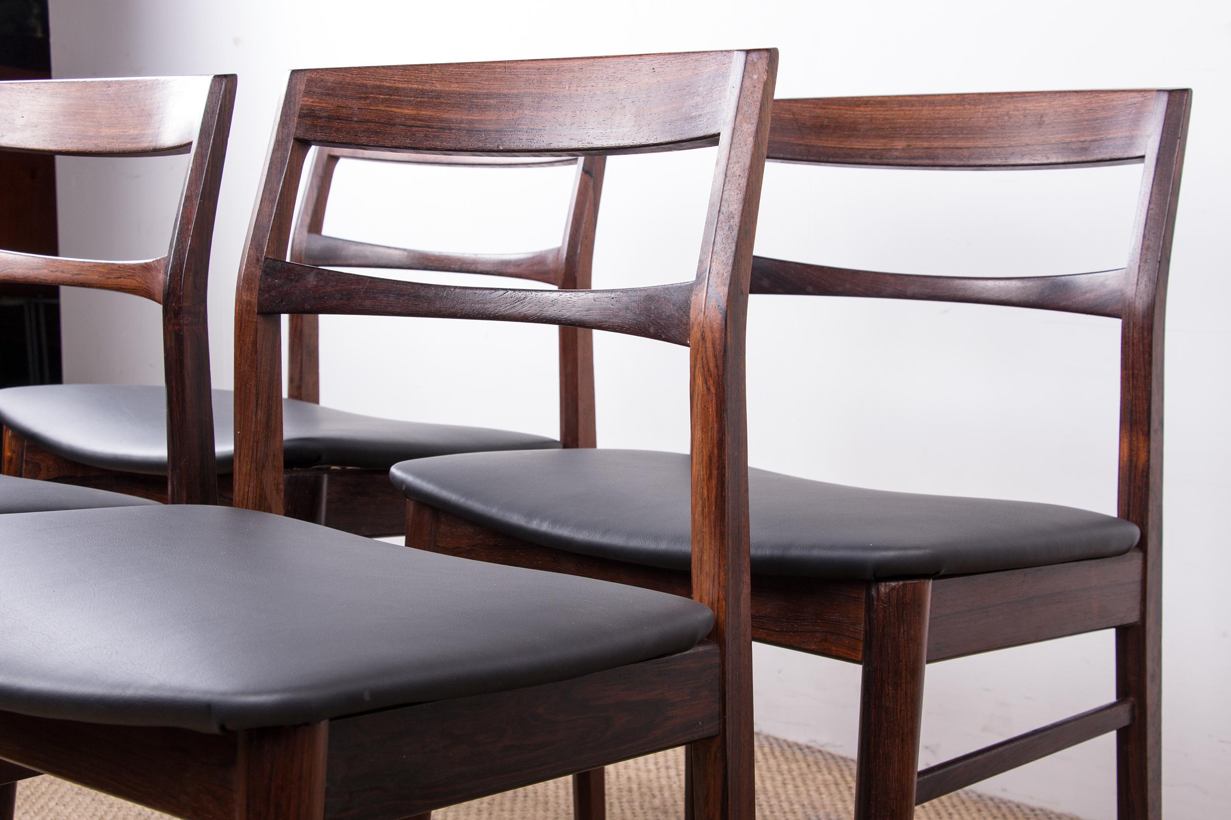 Set of 4 Danish chairs in Rosewood and Skai new by Henning Kjaernulf for Vejl For Sale 13