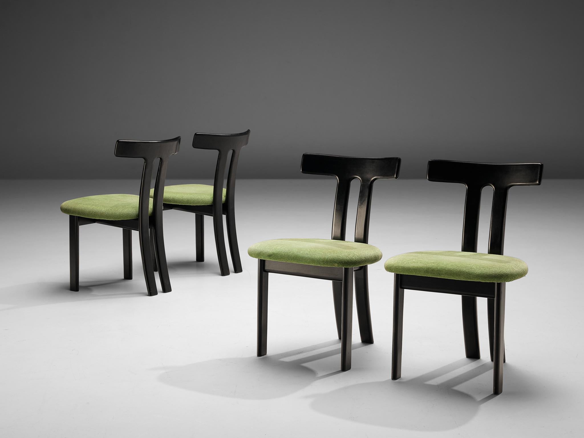 Fabric Set of 4 Danish Dining Chairs in Black Lacquered Frames and Green Seats