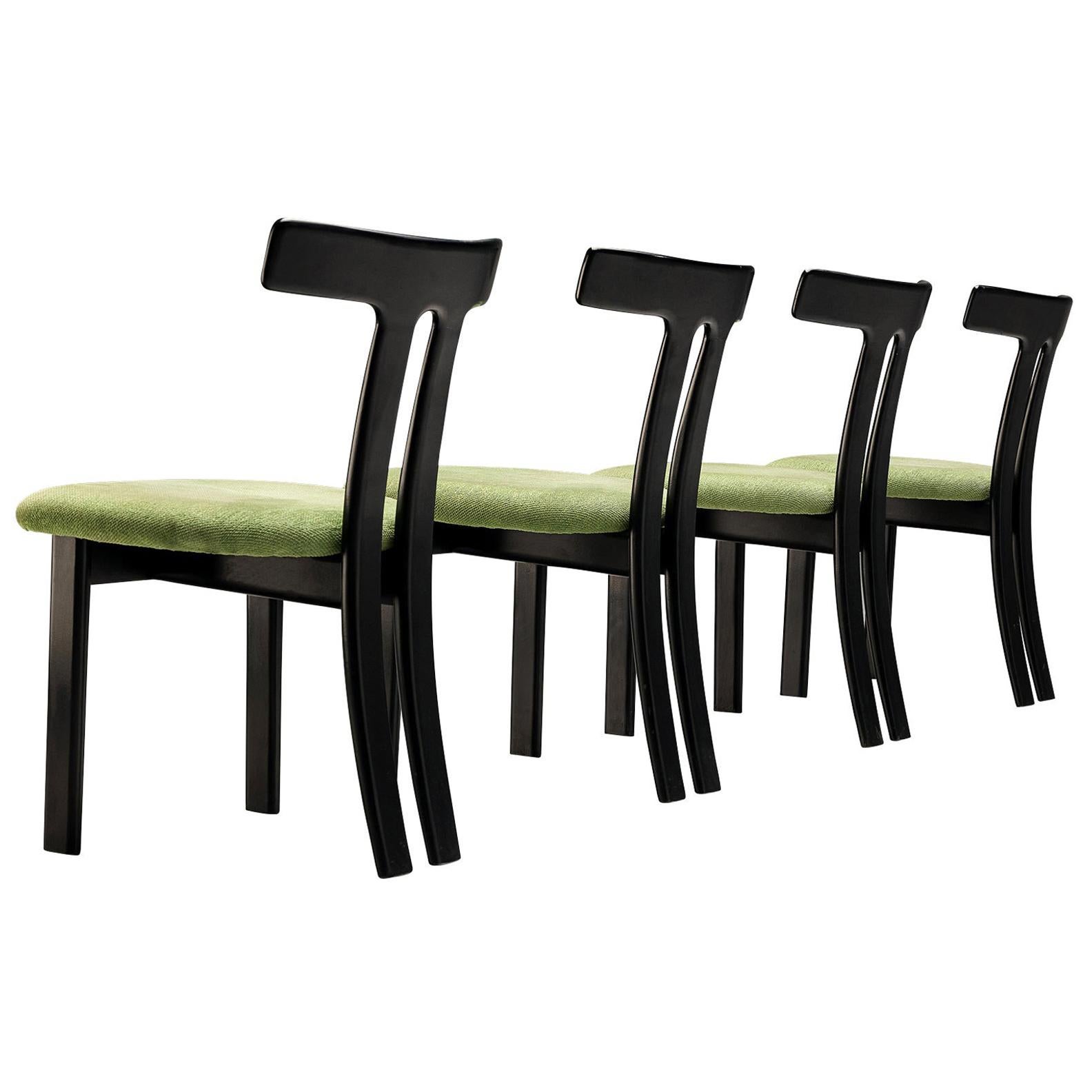 Set of 4 Danish Dining Chairs in Black Lacquered Frames and Green Seats