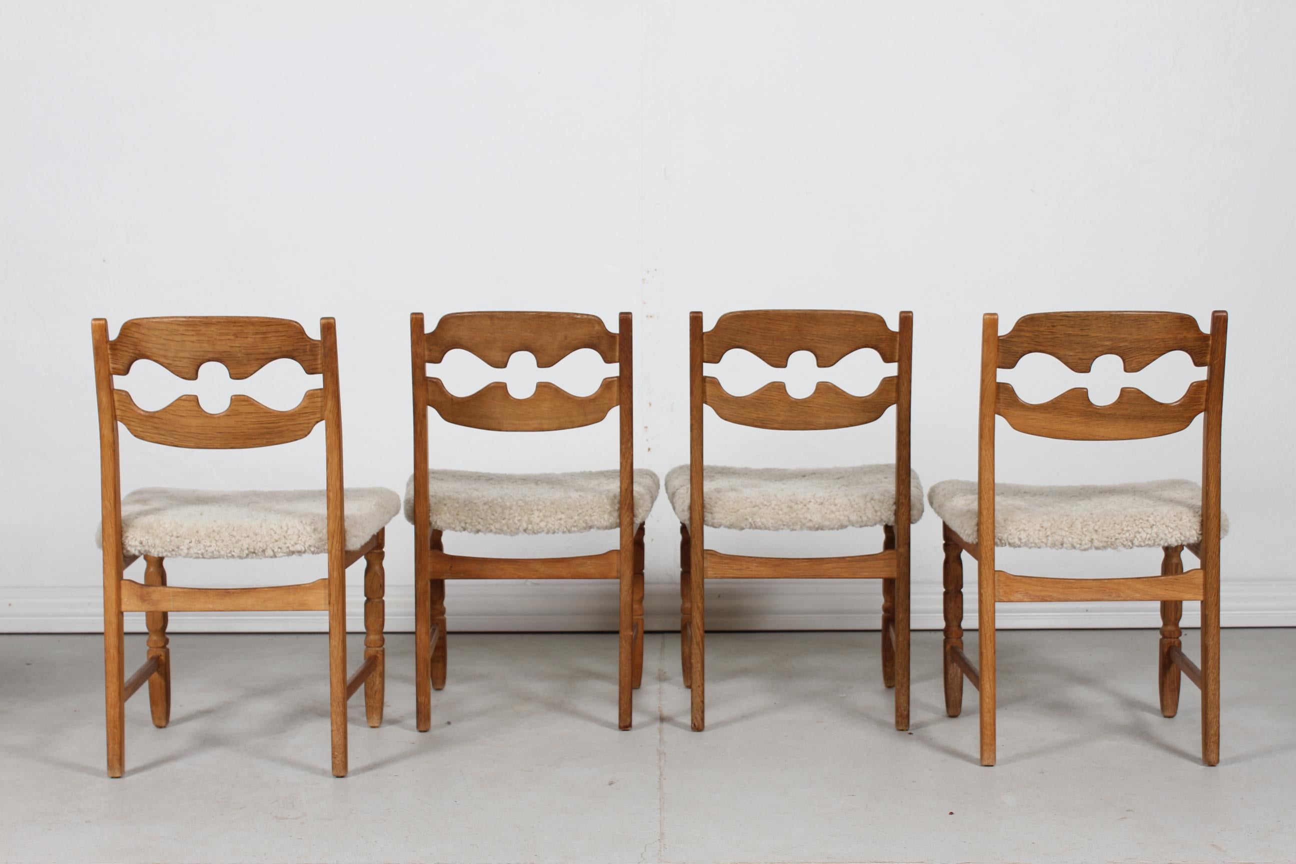 Woodwork Set of 4 Danish Henning Kjærnulf Razor Blade Chairs of Oak + New Sheepskin 1970s
