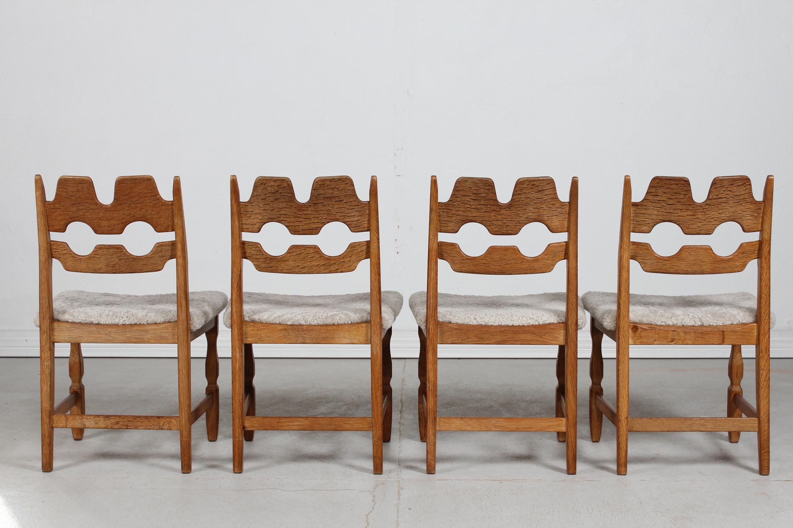 Set of 4 Danish Henning Kjærnulf Razor Blade Chairs of Oak + New Sheepskin 1970s 2