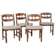 Vintage Set of 4 Danish Henning Kjærnulf Razor Blade Chairs of Oak + New Sheepskin 1970s