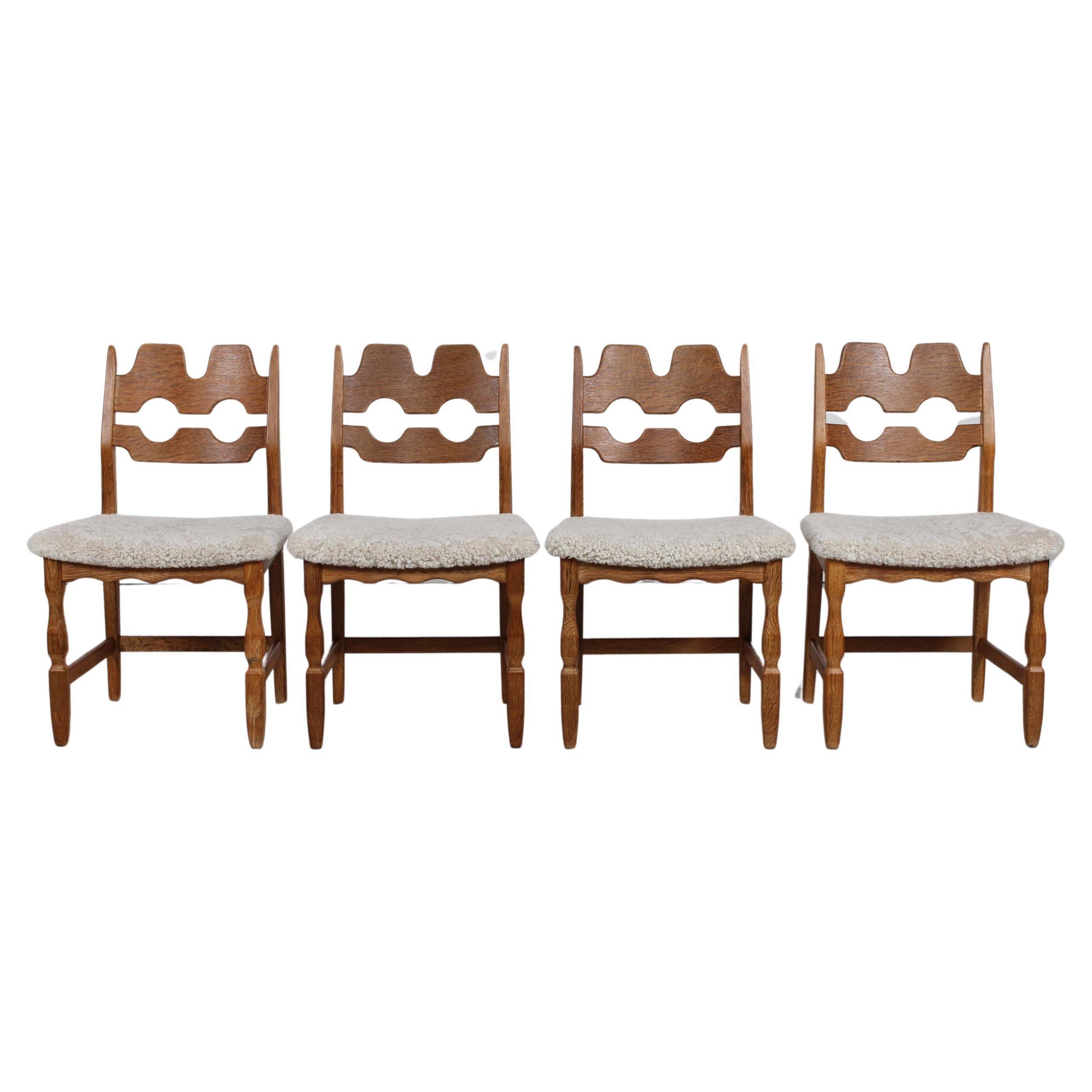 Set of 4 Danish Henning Kjærnulf Razor Blade Chairs of Oak + New Sheepskin 1970s