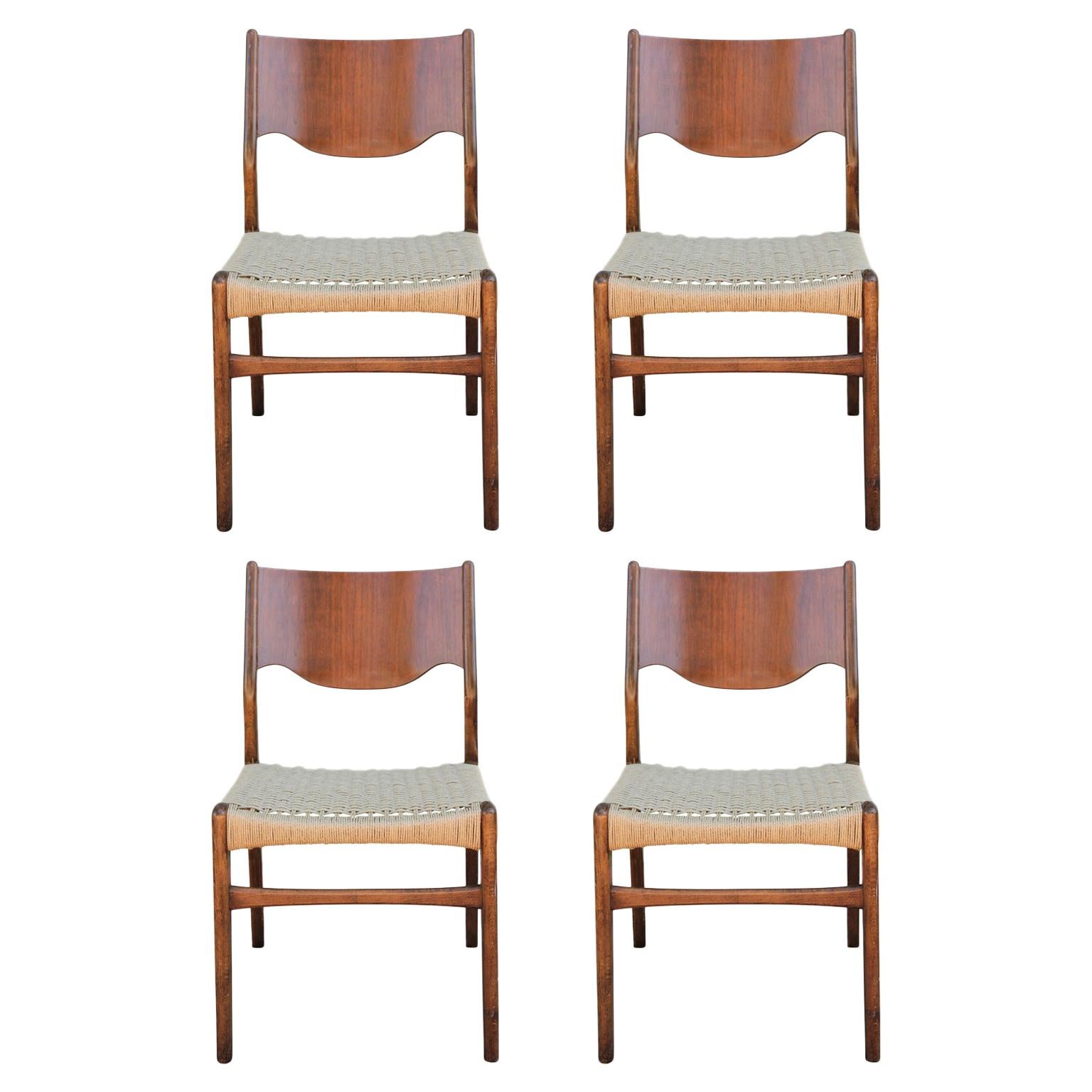 Set of 4 Danish or Swedish Wood and Woven Cord Seat Dining Chairs