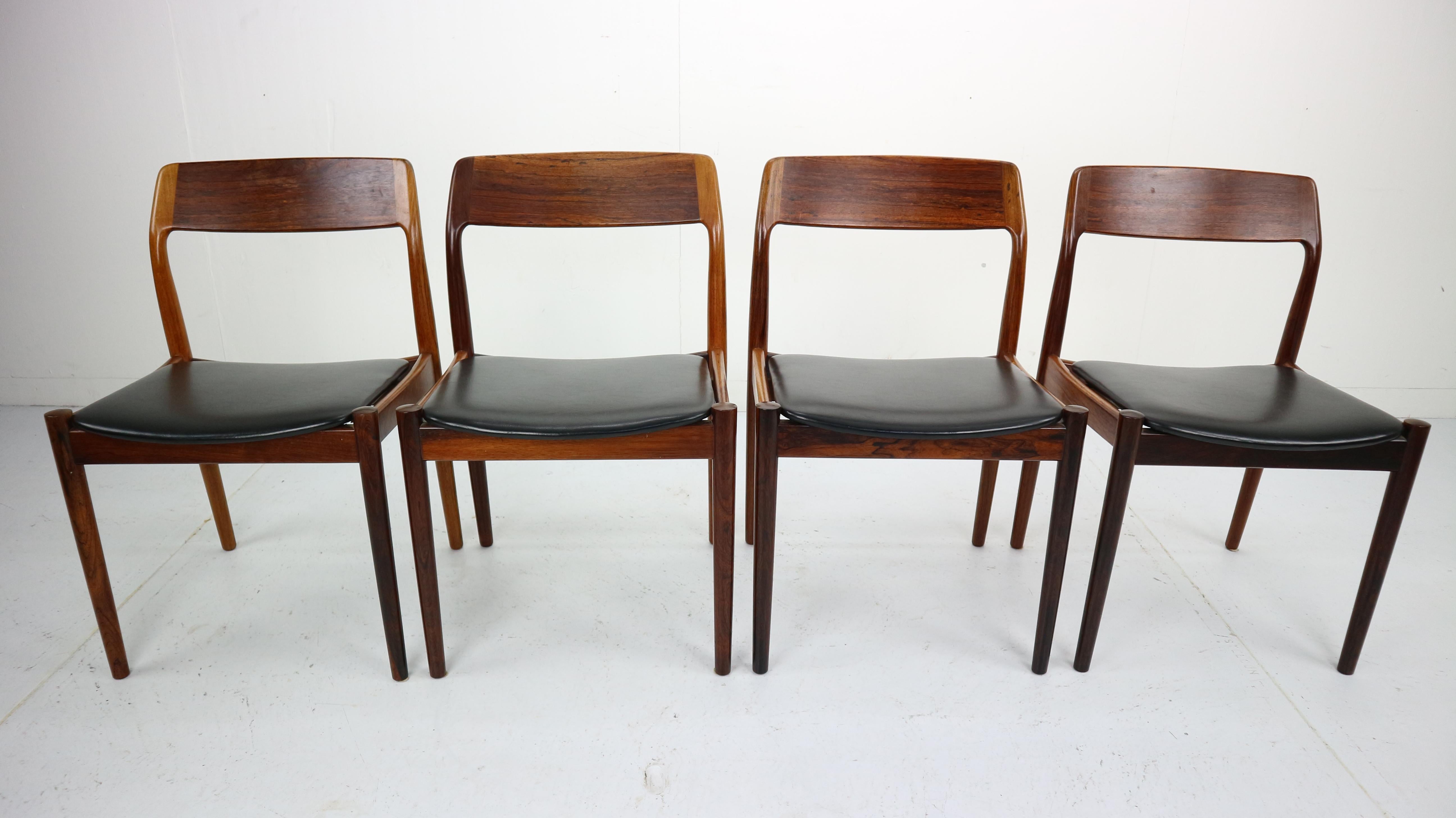 Mid-Century Modern Set of 4 Danish Rosewood and Black Vinyl Chairs by Niels Otto Møller, 1960s