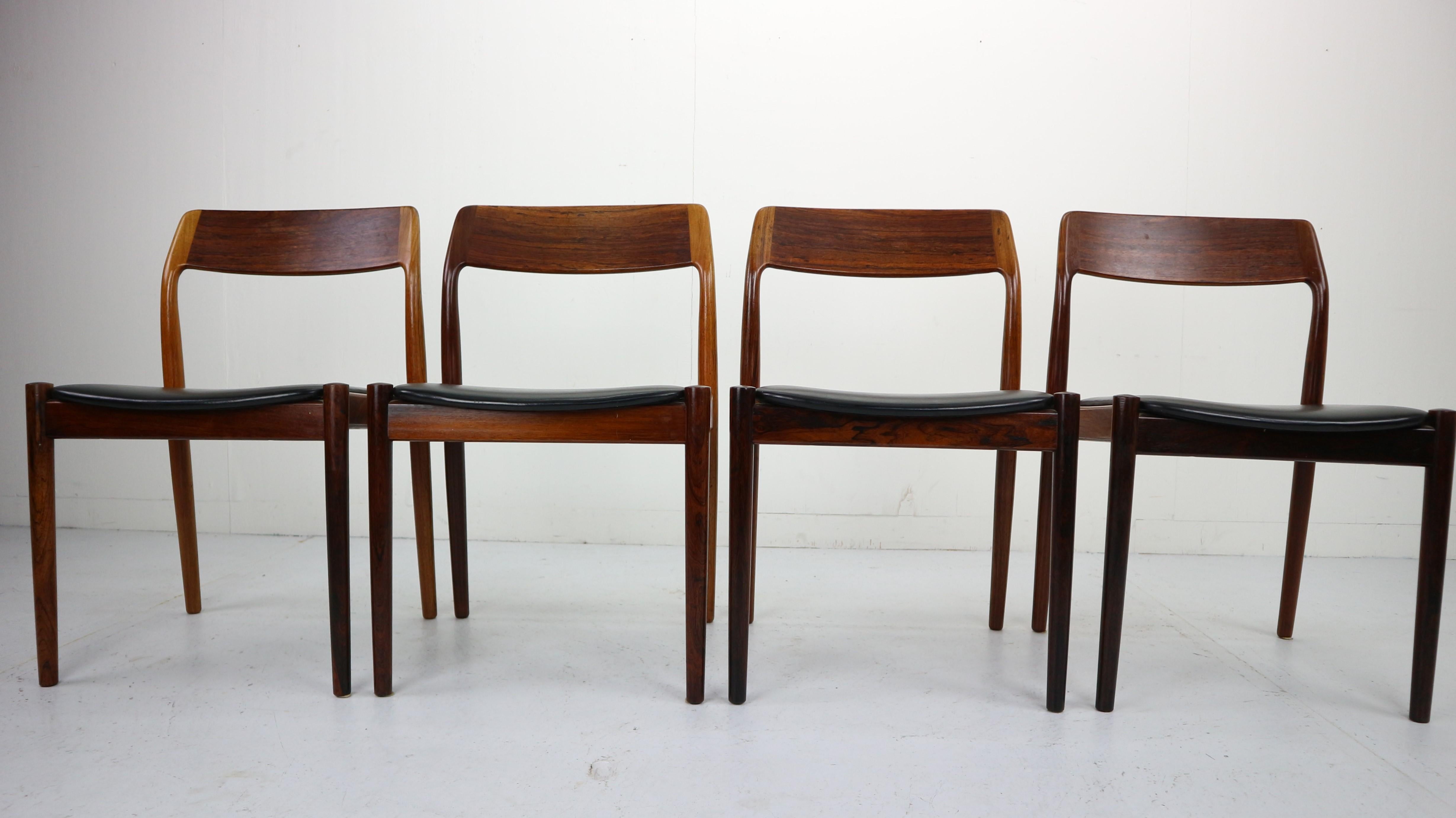 Mid-20th Century Set of 4 Danish Rosewood and Black Vinyl Chairs by Niels Otto Møller, 1960s