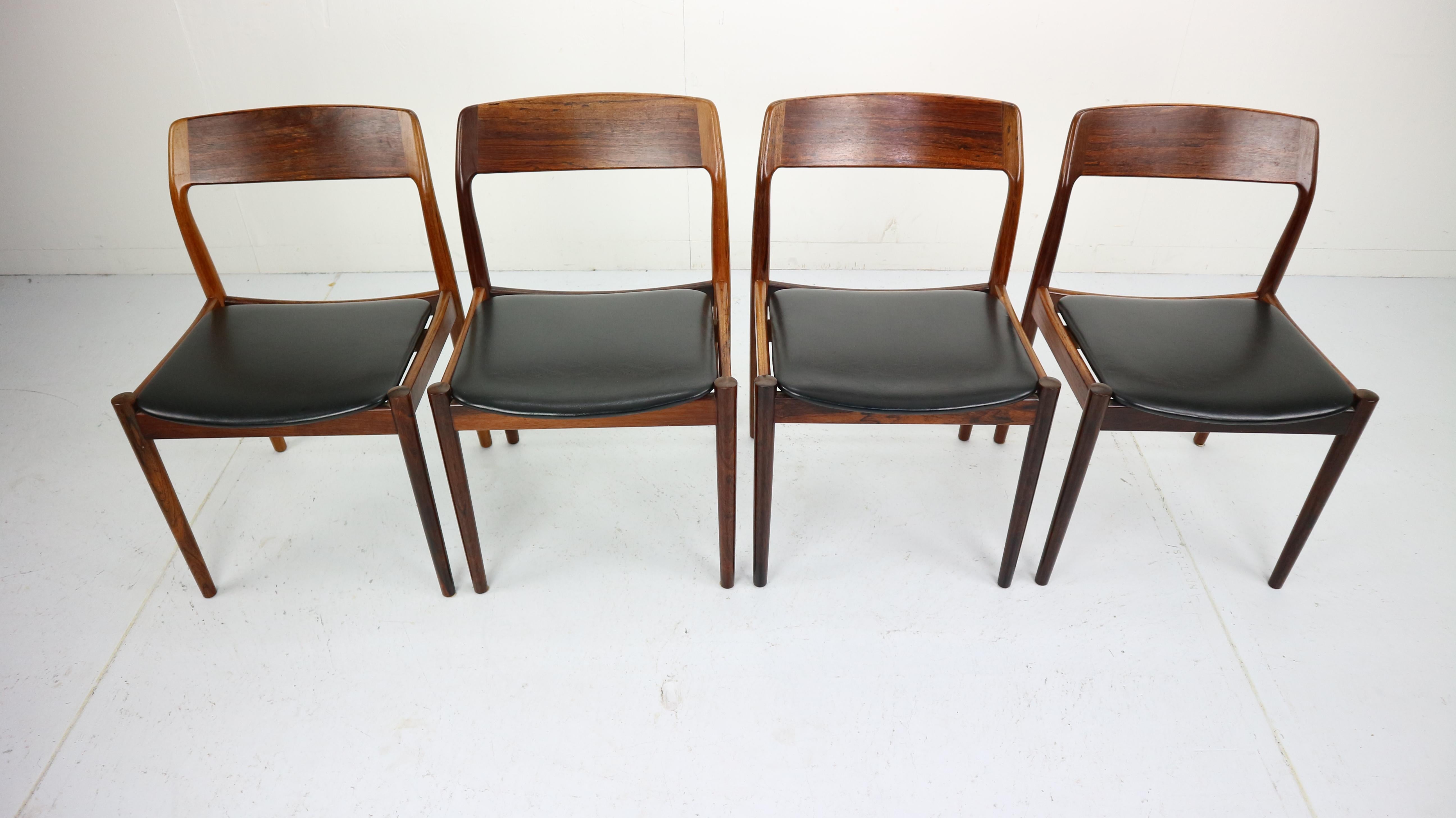 Faux Leather Set of 4 Danish Rosewood and Black Vinyl Chairs by Niels Otto Møller, 1960s