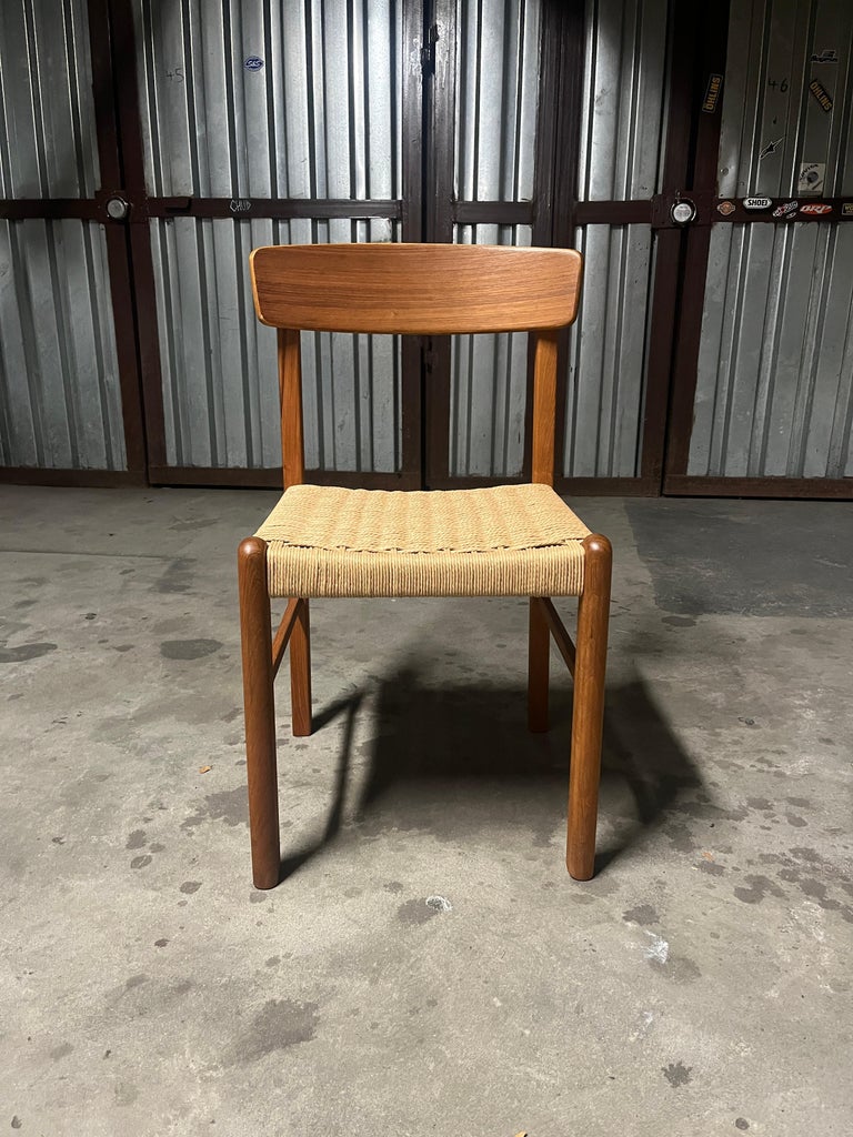 Set of 4 Danish Teak and Paper Cord Seats Dining Chairs, 1960s For Sale
