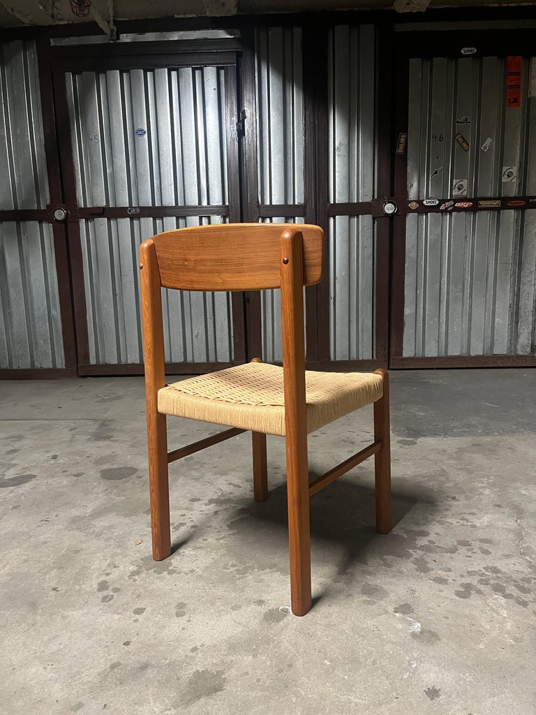 Set of 4 Danish Teak and Paper Cord Seats Dining Chairs, 1960s For Sale