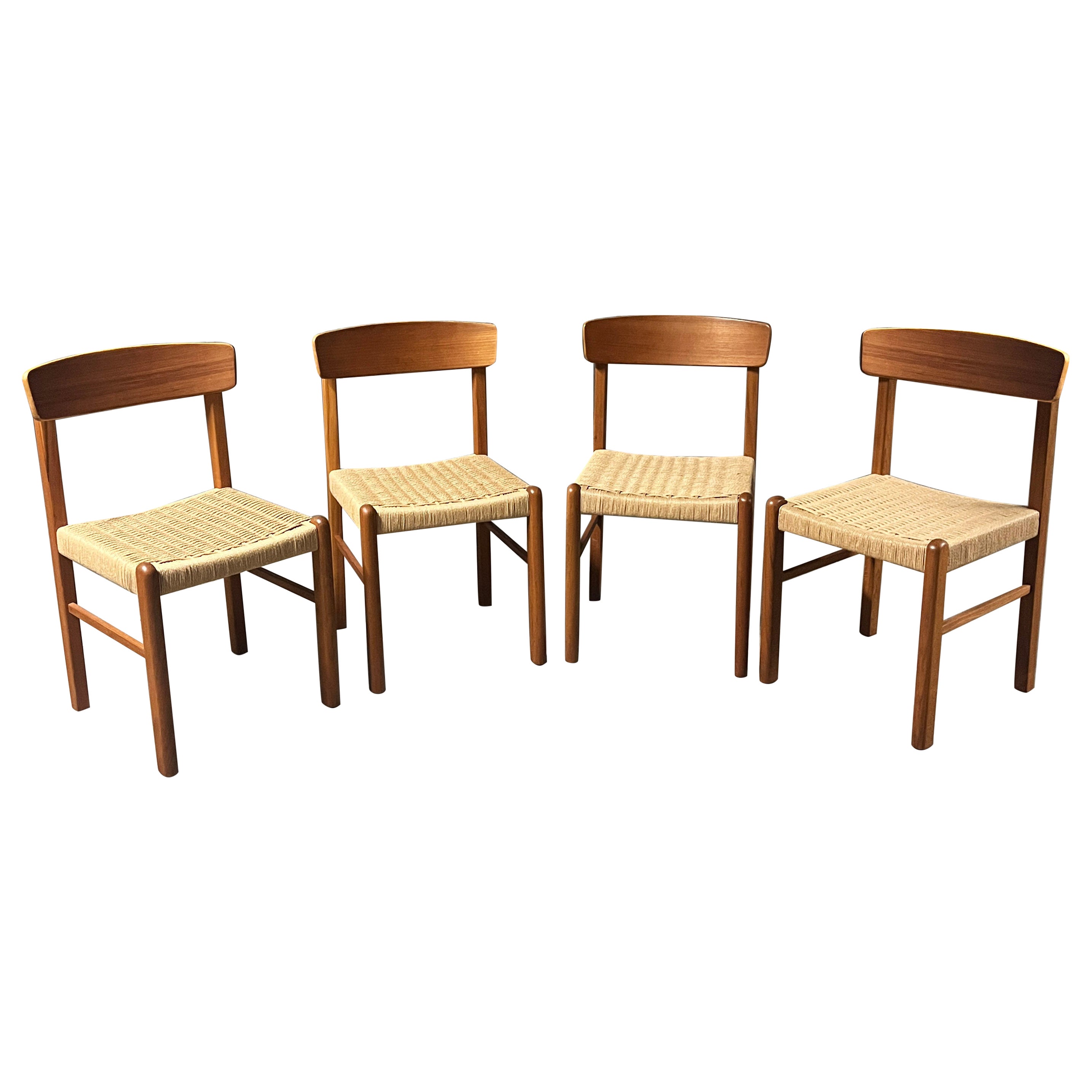Set of 4 Danish Teak and Paper Cord Seats Dining Chairs, 1960s