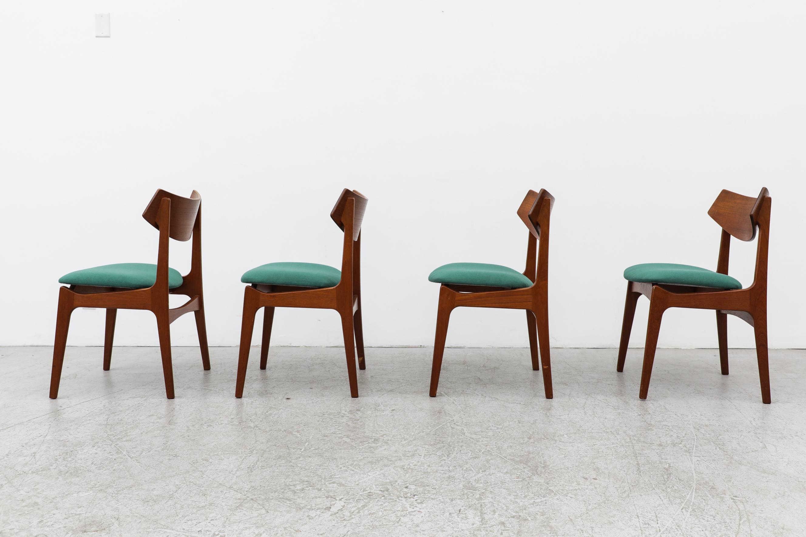 Mid-Century Modern Set of 4 Danish Teak Dining Chairs by Funder Schmidt + Madsen w/ Teal Seats